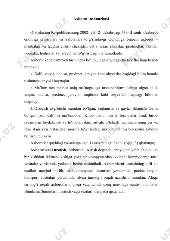 otlarni uzatish vaqti sezilarli darajada qisqaradi. axborotning turlari axborotning turlari: matn, tasvir, animatsiya, audio va video. ma’lumki, axborotlarni insonlar bir-biriga uzatish jarayonida matn ko‘rinishdagi, jadval ko‘rinishdagi, tovush ko‘rinishdagi va tasvir ko‘rinishdagi ma’lumotlardan foydalanadi. matn. matn bu ma’lumotlarni ifodalash shakli bo‘lib, u mazmunan yagona, yaxlit va tanlangan tilning belgilari ketma-ketligidan iborat. matn hujjat asosidir. axborot tizimiga matn kiritish klaviatura, nurli pero, mikrofon yoki skaner yordamida amalga oshiriladi. matnlarga ishlov berish matn muharriri deb ataluvchi maxsus amaliy dasturlar majmuasi tomonidan amalga oshiriladi. matnlar tarmoq orqali ma’lumotlar bo‘laklari ko‘rinishida uzatiladi. tasvir. tasvir – bu biror voqea, hodisa yoki jarayonlarni o‘zida ifodalagan rasm bo‘laklari va ranglardan iborat ma’lumotdir. foto, manzara, matematik funksiyalar grafigi, statistik ma’lumotlar diagrammasi va shunga o‘xshash ma’lumotlar tasvir hisoblanadi. kompyuter yordamida tasvirlarga ishlov berishni to‘rt guruhga ajratish maqsadga muvofiq hisoblanadi: 1) kulrang va rangli tasvirlar; 2) ikki xil va bir necha «rangli» tasvirlar; 3) uzluksiz egri va to‘g‘ri chiziqlar; 4) nuqtalar …