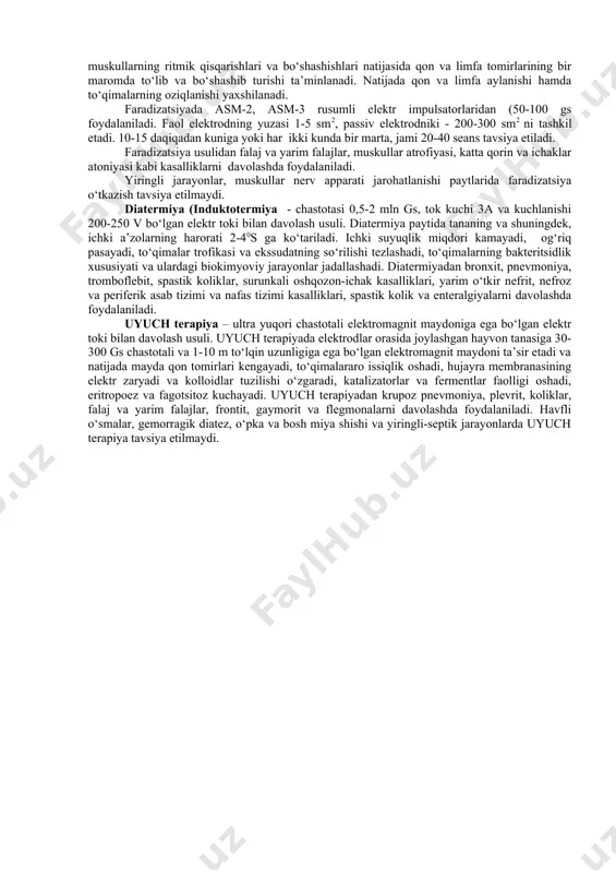 ni kasal otda qo‘llash. elektroterapiya deb davolashda elektr tokidan foydalanishga aytiladi. buning uchun kichik kuchlanishli hamda past chastotali (galvanoterapiya, elektroforez , yuqori kuchlanishli va katta chastotali (darsonvallash, induktotermiya , impulsli (faradiylash elektr toklari va ultra yuqori chastotali elektromagnit to‘lqinlardan (uyuch terapiya foydalaniladi. ma’lumki, hayvon tanasi elektr energiyasining manbai va elektr tokini o‘tkazuvchi bo‘lib hisoblanadi. chunki hayvon tanasining 80 foizga yaqin qismini suv va o‘zidan elektr tokini yaxshi o‘tkazadigan natriy, kaliy, kalsiy, magniy, fosfor, temir kabi elementlar tashkil etadi. bundan tashqari, to‘qimalardagi kristalloidlar va biokolloidlar ham elektr tokining o‘tishiga yordam beradi. o‘zidan elektr tokini o‘tkazuvchi eritmalarga «elektrolitlar» deyiladi. elektrolit molekulalari parchalanganda musbat (kationlar va manfiy (kationlar zaryadlangan ionlar hosil bo‘ladi. kolloid eritmalardagi kolloid donachalari neytral bo‘lib, elektr tokining ta’sirida u yoki bu zaryadli ionlarni o‘ziga biriktirib olishi mumkin va biriktirib olingan ionning zaryadiga ko‘ra ular qarama-qarshi zaryadli elektrodga tomon harakat qiladi. ionlarning katodga qarab harakatiga katoforez, anod tomonga siljishiga anoforez deb …