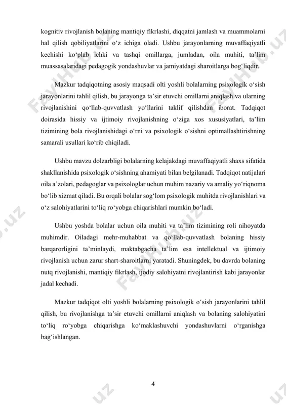 -muhiti bilan faol muloqot qiladi. ushbu o‘sish nafaqat bolaning intellektual rivojlanishida, balki uning hissiy barqarorligi va ijtimoiy moslashuv qobiliyatida ham namoyon bo‘ladi. psixologik o‘sishning tabiiy jarayoni turli bosqichlarni o‘z ichiga oladi va bu bosqichlarda bola o‘zining yangi qobiliyatlarini kashf etadi. shu bois, psixologik rivojlanishni o‘rganish, uning xususiyatlarini tushunish va uni qo‘llab-quvvatlash bola hayotidagi muhim maqsadlarga erishishida hal qiluvchi ahamiyat kasb etadi. psixologik o‘sish – bu insonning ruhiy rivojlanish jarayoni bo‘lib, unda shaxsning aqliy, hissiy, va ijtimoiy jihatlari izchil shakllanadi va takomillashadi. bu jarayon insonning tug‘ilishidan boshlab bosqichma-bosqich davom etib, uning hayot tajribasi, atrof-muhit bilan o‘zaro aloqalari va ichki qobiliyatlariga bog‘liq holda kechadi. psixologik o‘sishning asosiy jihati shundaki, bu jarayon orqali inson o‘zini anglash, his-tuyg‘ularini boshqarish, qarorlar qabul qilish va murakkab vaziyatlarni hal qilish qobiliyatlarini rivojlantiradi. ushbu o‘sishning o‘ziga xosligi har bir insonning individual qobiliyatlari va ehtiyojlariga mos ravishda namoyon bo‘ladi. bola hayotidagi dastlabki yillar psixologik o‘sish uchun juda muhim bo‘lib, …