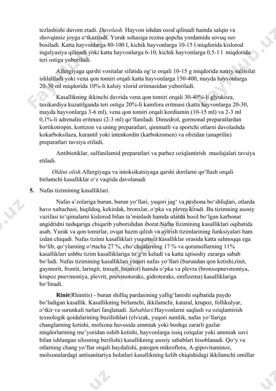 ki cho‘zilgan bo‘ladi va bu belgi o‘z navbatida, yurakning o‘tkazuvchi tizimining patologik o‘zgarishlari yoki yurak qorinchalaridan birining funksional etishmovchiligidan dalolat beradi. ikkinchi ton pasaygan bo‘ladi. taxikardiya va miokardning qisqaruvchanlik qobiliyatining pasayishidan har bir sistola paytida aortaga haydalayotgan qonning miqdori kamaya boradi, bu esao‘z navbatida, arterial bosimning pasayishiga olib keladi. kuchli destruktiv o‘zgarishlar oqibatida «ot dupuri» ritmi, embriokardiya yoki ikkala tonning ham birdaniga susayishi va past eshitilishi kuzatiladi. qorinchalardan birining dilyatatsiyasi kuzatilganda, atrioventrikulyar klapanlarning nisbatan etishmovchiliklari va aorta yoki o‘pka arteriyasi aylana muskullari tonusining pasayishi oqibatida funksional endokardial shovqinlar paydo bo‘ladi. arterial bosimning pasayishi va venoz bosimning ko‘tarilishi, qon harakatining juda sekinlashishi kuzatiladi. ekg-da qrs- tishlarning kaltalashishi, kengayishi, rq va qt oraliqlarining uzayishi, st segmentining ko‘zg‘alishi qayd etiladi. bulardan tashqari,o‘pka, buyrak va ovqat hazm qilish tizimining faoliyati buziladi. hansirash, ko‘karish, sarg‘ayish, diurezning kamayishi, shishlar paydo bo‘lishi hamda asab tizimi faoliyatining buzilishi belgilari namoyon bo‘ladi. qonda degenerativ neytrofilli leykotsitoz hamda allergiyaga xos …