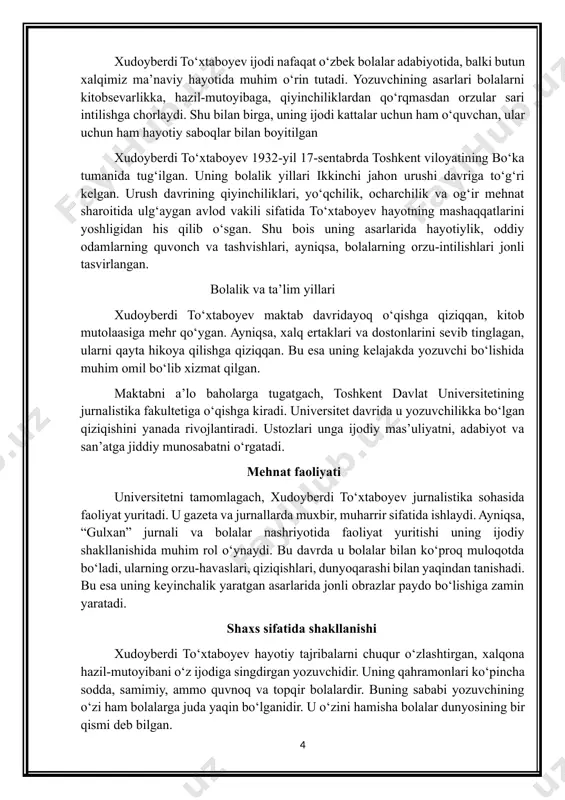 ikka, do‘stlikka undaydi. 4. o‘quvchiga yaqinlik – yozuvchining qahramonlari oddiy bolalar bo‘lgani uchun kitobxon ularga osonlikcha qo‘shilib ketadi, ularning his-tuyg‘ularini o‘zida his qiladi. muharrirlik va matbuotdagi faoliyati to‘xtaboyev faqat yozuvchi emas, balki mohir muharrir ham bo‘lgan. u “gulxan” jurnalida uzoq yillar muharrir sifatida ishlagan. bu davrda u ko‘plab yosh iste’dodlarni qo‘llab-quvvatladi, bolalar adabiyotining rivojiga katta hissa qo‘shdi. uning muharrirlik faoliyati davomida jurnal bolalar uchun eng sevimli nashrlardan biriga aylandi. jurnal sahifalarida yosh ijodkorlarning ilk hikoya va she’rlari bosilib chiqdi. bu esa yangi avlod yozuvchilarining yetishib chiqishiga zamin yaratdi. bolalar adabiyotiga qo‘shgan hissasi xudoyberdi to‘xtaboyev o‘zbek bolalar adabiyotining eng sermahsul yozuvchilaridan biridir. uning asarlari bolalar uchun “adabiy maktab” bo‘lib xizmat qiladi. yozuvchi bolalarga: kitob o‘qishni sevishni, do‘stlik va sadoqatni qadrlashni, hazil-mutoyiba orqali hayotni yengilroq ko‘rishni orzu qilish va unga intilishni o‘rgatadi. uning ijodi tufayli bolalar adabiyoti o‘zbek kitobxonlari hayotida alohida o‘rin oldi. xalqaro e’tirof to‘xtaboyev asarlari faqat o‘zbek tilida emas, balki …