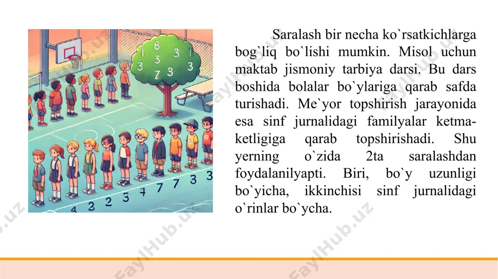 i insertion sort mos keladi. katta massivlar uchun merge sort yoki quick sort samarali ishlaydi. eng barqaror (stable) va tezkor usul – merge sort. ko‘proq joy tejamkor va tezkor usul – quick sort. c++ dasturlash tilida saralash algoritmlaridan foydalanish tezkorlik va xotira sarfi kabi muhim omillarga bog‘liq bo‘ladi. image1.jpeg image2.png image3.png image4.png image5.png image6.gif image7.gif image8.png image9.gif image10.gif image11.png image12.gif image13.gif /docprops/thumbnail.jpeg