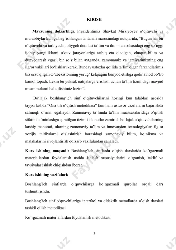 texnologiyalar, ilg‘or xorijiy tajribalarni o‘zlashtirish borasidagi zamonaviy bilim, ko‘nikma va malakalarini rivojlantirish dolzarb vazifalardan sanaladi. kurs ishining maqsadi: boshlang`ich sinflarda o’qish darslarida ko’rgazmali materiallardan foydalanish ustida ishlash xususiyatlarini o‘rganish, taklif va tavsiyalar ishlab chiqishdan iborat. kurs ishining vazifalari: boshlang`ich sinflarda o`quvchilarga ko’rgazmali qurollar orqali dars tushuntirishdir. boshlang`ich sinf o‘quvchilariga interfaol va didaktik metodlarda o’qish darslari tashkil qilish metodikasi. ko’rgazmali materiallardan foydalanish metodikasi. boshlang`ich sinflarda ustida ishlashning o‘ziga xos xususiyatlarini keng tarzda yoritib berishdan iborat kurs ishining obyekti: boshlang’ich sinf o’qish darslarida ko’rgazmali materiallardan foydalanish orqali o`quvchilar bilimini shakllantirish jarayoni. kurs ishining predmeti: boshlang’ich sinf o’qish darslarida ko’rgazmali materiallar tashkil qilish va uni o’tkazish mazmuni, vositalari, shakl va metodlari kurs ishining tuzilishi va hajmi. kirish, ikkita bob, xulosa, foydalanilgan adabiyotlar roʻyhatidan iborat bo‘lib, asosiy matn 31 betdani tashkil qiladi. i bob. o’qitish vositalari va ko’rgazmali qo’llanmalar dars jarayonida o‘qitishning ko‘rgazmali usullarini samarali qo‘llash 1.1. ko’rgazmali qurollarning o’quv faoliyatiga ta’siri ko‘rgazmali usullar …