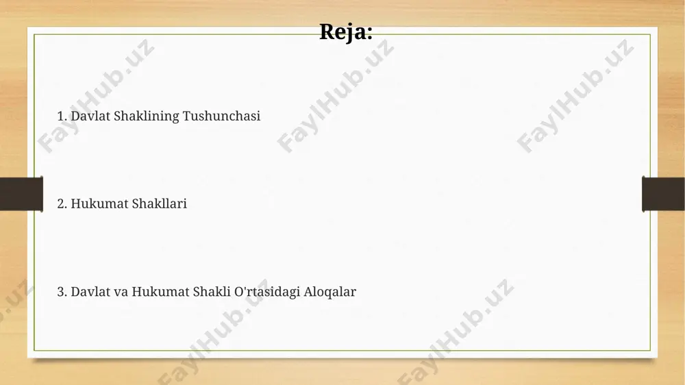 lga oshirilishini belgilaydi, bu esa hokimiyatning markazlashuv darajasiga ta’sir qiladi. davlat shakllarining tasnifi davlat shakllarini monarxiya (mutlaq, konstitutsiyaviy), respublika (parlament, prezident) va aralash tizimlar kabi 3 asosiy toifaga boʻlish mumkin, har biri oʻziga xos xususiyatlarga ega. federal, unitar va konfederal davlatlar kabi davlat tuzilishi shakllari davlatning hududiy tashkiloti va hokimiyat taqsimotiga ta'sir qiladi, 2 yoki undan ortiq darajadagi hokimiyat mavjud boʻlishi mumkin. davlat boshqaruvining prezidentlik, parlament va aralash tizimlari davlat organlarining oʻzaro munosabatlari va vakolatlarining taqsimlanishiga ta'sir qilib, 1 yoki bir nechta markaziy hokimiyat organlarining mavjudligini bildiradi. zamonaviy davlatlarda davlat va hukumat shakllarining xususiyatlari zamonaviy davlatlarda prezidentlik respublikalari 40% dan ortiqni tashkil etadi, bu esa ijro etuvchi hokimiyatning kuchli markazlashuvini ko'rsatadi. parlament respublikalarida ko'p partiyali tizim va kuchlarning muvozanati 2 dan ortiq partiyaning koalitsiya hukumatlarini shakllantirishga olib keladi. monarxiyalarning 30% dan ortig'i konstitutsiyaviy monarxiyalar bo'lib, qonun chiqaruvchi hokimiyatning rolini cheklab, hukumatning vakolatlarini taqsimlaydi. davlat shakli va hukumat shakli o'rtasidagi farqlar …