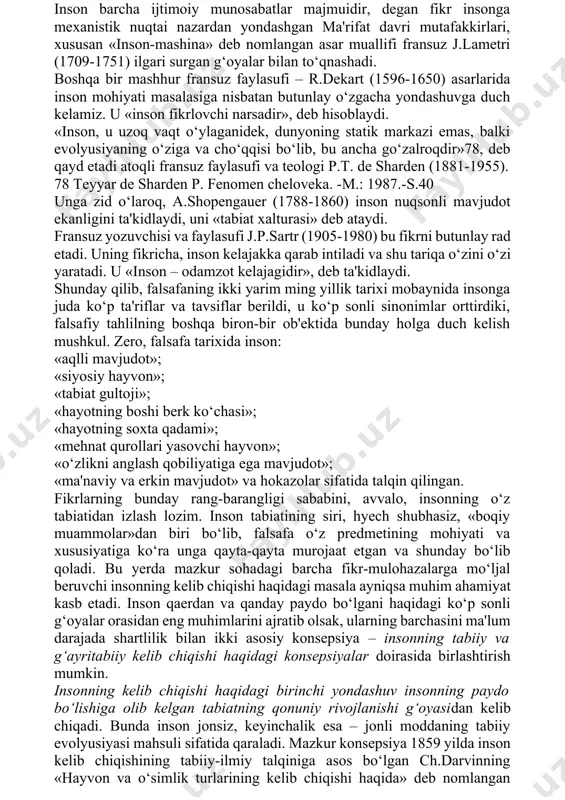 i. “inson o‘z tabiatiga ko‘ra murakkab tanaga egadir. insonning tanasi bir-biriga qarama-qarshi qismlardan iborat bo‘lib, bu qismlar tobelik kuchi asosida birlashgan”75. beruniy fikricha, hamma odamlarda o‘zaro bir-biriga o‘xshash va ayni paytda farq qilib turadigan jihatlar mavjud. ibn sino, “inson boshqa barcha hayvonot olamidan so‘zi, tili va aqli, tafakkur qilishi bilan farq qiladi. inson aqli turli fanlarni o‘rganish yordamida boyiydi”76, deb hisoblaydi. forobiy fikricha, inson o‘z tabiatiga ko‘ra hayotini tartibga keltirish, mustahkamlash va takomillashtirish uchun boshqa insonlarga muhtoj bo‘ladi. yakka holda hyech kim buning uddasidan chiqa olmaydi. “inson shunday maxluqotki, u faqat jamiyatda o‘z ehtiyojlarini qondirishi va oliy ma'naviy darajaga ko‘tarilishi mumkin”77. inson o‘z hayotining me'mori, ijodkori bo‘lmog‘i, o‘zida fozila xislatlar, iste'dodlarni tarbiyalashi lozim. bunga esa u jamiyatda yashab faoliyat ko‘rsatgandagina erishadi. inson ijtimoiy mavjudod. yolg‘izlik uzlat uni qashshoqlashtiradi, insoniy qiyofasini va baxtga olib boradigan iste'dodini yo‘qotadi. ibn xaldun insonga ijtimoiy voqyelik sifatida qaraydi. undan ijtimoiy mohiyat izlaydi. inson jonzot sifatida …