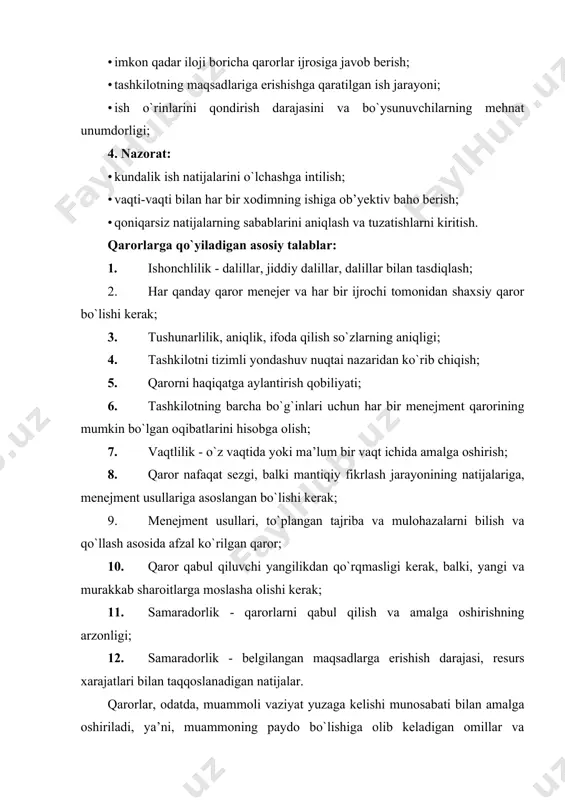 bilan, shuningdek, ko`p sonli muqobil variantlar bilan bog`liq holda amalga oshiriladi. garchi amalda qarorlar kamdan-kam hollarda o`zlarining sof shaklida dasturlashtirilgan yoki dasturlashtirilmagan bo`ladi. ko`pincha ularning uyg`unligi murosa qarorini qabul qilish talablariga javob beradi. ko`p hollarda eng murakkab mazmunga ko`ra, ijtimoiy qarorlar, shuningdek, ijtimoiy jarayon - bu mantiqiy zanjirda shakllanadigan va muayyan sohaning iqtisodiy bo`lmagan, ya’ni. tashkilotning ijtimoiy hayotining rivojlanishini belgilovchi turli xil ichki bog`liq murakkab hodisalarning to`plamidir. ijtimoiy qatlamlar juda xilma-xil bo`lib, ular jamoaviy farqlashning bir yoki bir nechta yaqin belgilari bilan ajralib turadi - obro`, bilim darajasi, ish haqi, qiymat yo`nalishlari va boshqalar. agar ijtimoiy qaror noto`g`ri bo`lsa, ijtimoiy ziddiyatlar paydo bo`lishi mumkin. shuningdek, ijtimoiy munosabatlar jamoasining ehtiyojlari va qiziqishlari, qadriyatlari va munosabatlari, me’yorlari va an’analari nomutanosibligidan kelib chiqadigan salbiy ijtimoiy hodisa yuzaga keladi. tashkiliy qarorlar doimiy ravishda amalga oshiriladi, chunki har bir menejer ish ta’rifi bilan belgilangan vazifalarni bajarish uchun tanlov qilishi kerak. tashkiliy qarorning maqsadi - tashkilot …