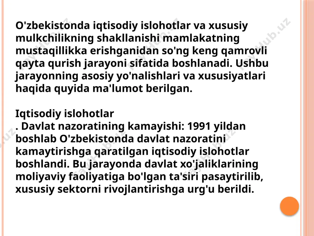 qaratilgan chora-tadbirlarni amalga oshirish muhim rol o'ynaydi. oʻzbekiston respublikasida iqtisodiyotning modernizatsiya qilish konsepsiyasi va bozor munosabatlarining shakllanishi mamlakatning iqtisodiy rivojlanishiga, ijtimoiy barqarorlikka va global raqobatbardoshlikni oshirishga qaratilgan muhim jarayonlardir. quyida ushbu jarayonlarning asosiy yo'nalishlari, bosqichlari va xususiyatlari ko'rib chiqiladi. etiboringiz uchun raxmat! /docprops/thumbnail.jpeg