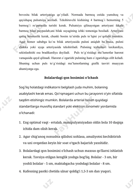 erak, shuning uchun elkaning o'rtasida yurak darajasida bo'ladi. 1. fonndoskop qo'lning pastki chetida joylashgan. uning membranasi ulnar qoldiqlari ustiga joylashtirilishi kerak. 2. havoni havo manbaiga 60-90 mm hg darajasiga kiritish kerak. pulsatsiya tovushi yo'qolguncha. 3. nasoslardan so'ng armut valfi biroz zaiflashishi kerak. havo asta-sekin chiqib ketishi kerak. 4. birinchi tovushli jarohatlarning paydo bo'lishi arterial bosimning yuqori darajasini va so'nggi zarba tovushlarini - pastki chegarada ko'rsatiladi. 5. qayta o'lchash 10-15 daqiqadan so'ng amalga oshiriladi. 6. belgilangan ko'rsatkichni aniqlang, eng past qiymatlarni oxirgi deb belgilab, ketma-ket bir necha kun tavsiya etiladi. 7. taqqoslash uchun siz bolalardagi an'anaviy qon bosimini bilishingiz kerak - jadval bo'yicha yosh o'rtacha ma'lumotlar mavjud, shuning uchun shovqin 10 mm hg oralig'ida. san'at. maqbul deb hisoblanadi. 8. agar siz mexanik tonometr bilan mustaqil ravishda o'lchash imkoniga ega bo'lmasangiz, elektron qurilma sotib olish yoki tibbiy markazga murojaat qilish yaxshiroqdir. arterial bosim bolalar yoshidagi normalari ko'rsatkichning eng tez o'sishi bolaning hayotining …