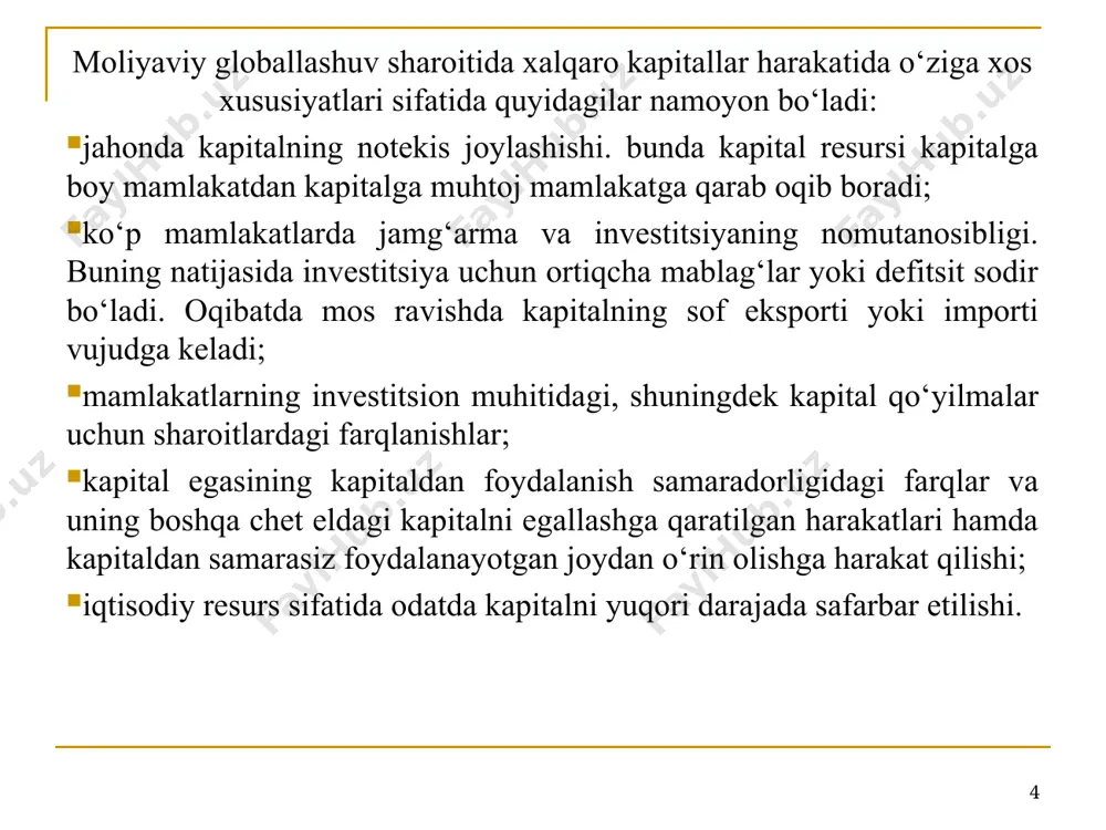 mumkin. statistikada ssuda kapitali ko‘rinishidagi investitsiyalarni “boshqa investitsiyalar” sifatida aks etadi. * tashqi kreditlar va depozitlarning hajmi bo‘yicha rivojlangan mamlakatlar etakchilik qilib kelmoqda. oxirgi o‘n yillikda ularning hajmi uch barobardan ko‘proqqa oshgan. bunday kapitalning ¾ qismi banklar orqali xalqaro harakatga keladi. xalqaro ssuda kapital harakatining asosiy elementlaridan yana biri xalqaro sindikatlashgan kreditlar hisoblanib, ularning rivojlanishi tendentsiyasi xalqaro kredit va depozitlar bilan bir xil bo‘lmoqda va jami xalqaro ssuda kapitali harakatidagi ulushi atigi 2%ni tashkil etmoqda. * to‘g‘ridan-to‘g‘ri xorijiy investitsiyalar – mamlakatga uzoq muddatli iqtisodiy foydani ko‘zlab qo‘yilgan kapital bo‘lib, u investorga kapital joylashtirilgan ob’ekt ustidan nazorat olib borishni ta’minlaydi. bu odatda korxonaning 10 foizdan kam bo‘lmagan aktsiyasi yoki ulushiga ega bo‘lishni talab etadi. xalqaro portfel investitsiyalar – chet el qimmatli qog‘ozlari(qarz majburiyatini va ulush munosabatini ifodalovchi qimmatli qog‘ozlar va boshqalar)ga qo‘yilgan kapital bo‘lib, u investorga kapital joylashtirilgan ob’ekt ustidan real nazorat olib borish huquqini bermaydi. odatda amaliyotda bunday investitsiyalar aktsiya, …