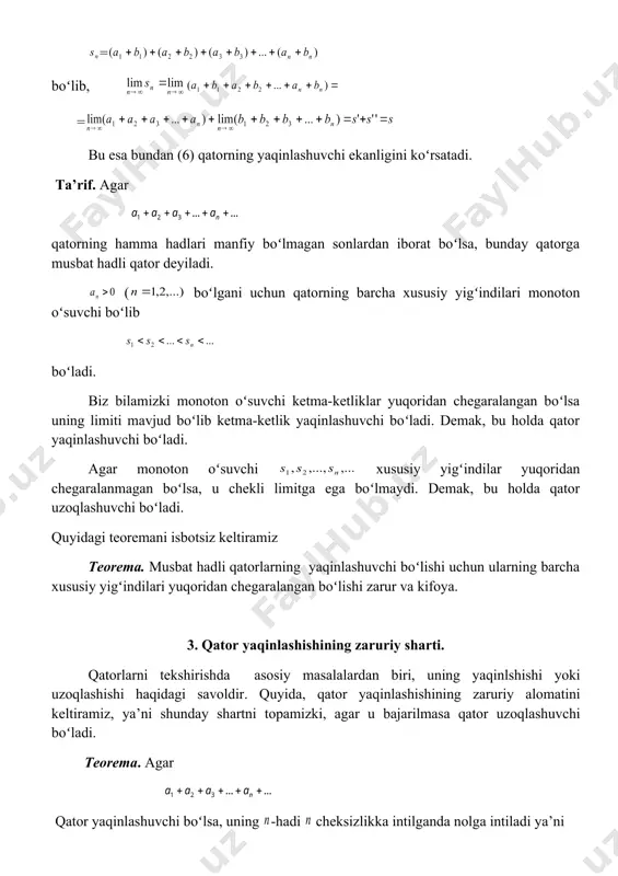 ksiz kamayuvchi geometrik progressiyadir) savol. qator uzoqlashadi, chunki uning har bir hadi uzoqlashuvchi qator mos hadidan katta. (mavzu boʻyicha takrorlash savollari 1. sonli qator deb qanday qatorga aytiladi? 2. qator yigʻindisi deganda nimani tushunasiz? 3. qismiy yigʻindilar qanday tuziladi? 4. qachon qator yaqinlashuvchi deyiladi? 5. qator qachon uzoqlashuvchi deyiladi? 6. cheksiz kamayuvchi geometrik progressiyaning yigʻindisi nimaga teng? 7. yaqinlashuvchi sonli qatorga misollar keltiring. 8.yaqinlashuvchi (uzoqlashuvchi) qatorning 1000 ta xadi olib tashlansa u qanday oʻzgaradi? 9.uzoqlashuvchi qatorga 100000 ta xad qoʻshilsa u qanday oʻzgaradi? agar qator yigʻindisi 1,5 ga teng boʻlsa uning xadlari 10 ga koʻpaytirilsa xosil boʻlgan qator yigʻindisi nimaga teng boʻladi? _1657997402.unknown _1657997403.unknown _1657997404.unknown _1657997405.unknown _1657997406.unknown _1657997407.unknown _1657997408.unknown _1657997409.unknown _1657997410.unknown _1657997411.unknown _1657997412.unknown _1657997413.unknown _1657997414.unknown _1657997415.unknown _1657997416.unknown _1657997417.unknown _1657997418.unknown _1657997419.unknown _1657997420.unknown _1657997421.unknown _1657997422.unknown _1657997423.unknown _1657997424.unknown _1657997425.unknown _1657997426.unknown _1657997427.unknown _1657997428.unknown _1657997429.unknown _1657997430.unknown _1657997431.unknown _1657997432.unknown _1657997433.unknown _1657997434.unknown _1657997435.unknown _1657997436.unknown _1657997437.unknown _1657997438.unknown _1657997439.unknown _1657997440.unknown _1657997441.unknown _1657997442.unknown _1657997443.unknown _1657997444.unknown _1657997445.unknown _1657997446.unknown _1657997447.unknown _1657997448.unknown _1657997449.unknown …