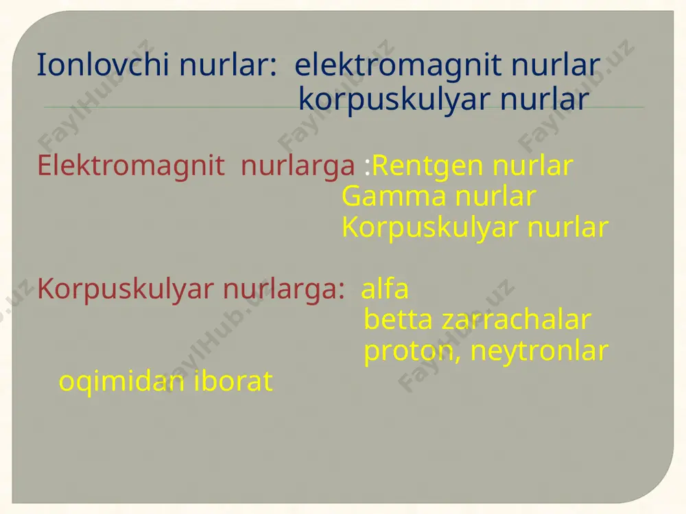 n tavsiya qilinadi . og’iz bo’shlig’idagi yaralarga rivanol 0.1% va furatsilin 0.02% eritmasida chayqaladi va vitamin a yog’li eritmasi surtiladi. qon o’rnini bosuvchi preparatlar quyiladi. jarroxlik yo’li bilan suyak ko’miga ko’chirib o’tkaziladi 1 e’tiboringiz uchun rahmat! image3.png image4.jpeg image5.jpeg image6.jpeg image7.png image8.jpeg image9.jpeg image10.jpeg image11.jpeg image12.jpeg image13.jpeg image14.jpeg image15.jpeg image16.jpeg image17.jpeg image18.jpeg image19.jpeg image2.jpeg /docprops/thumbnail.jpeg