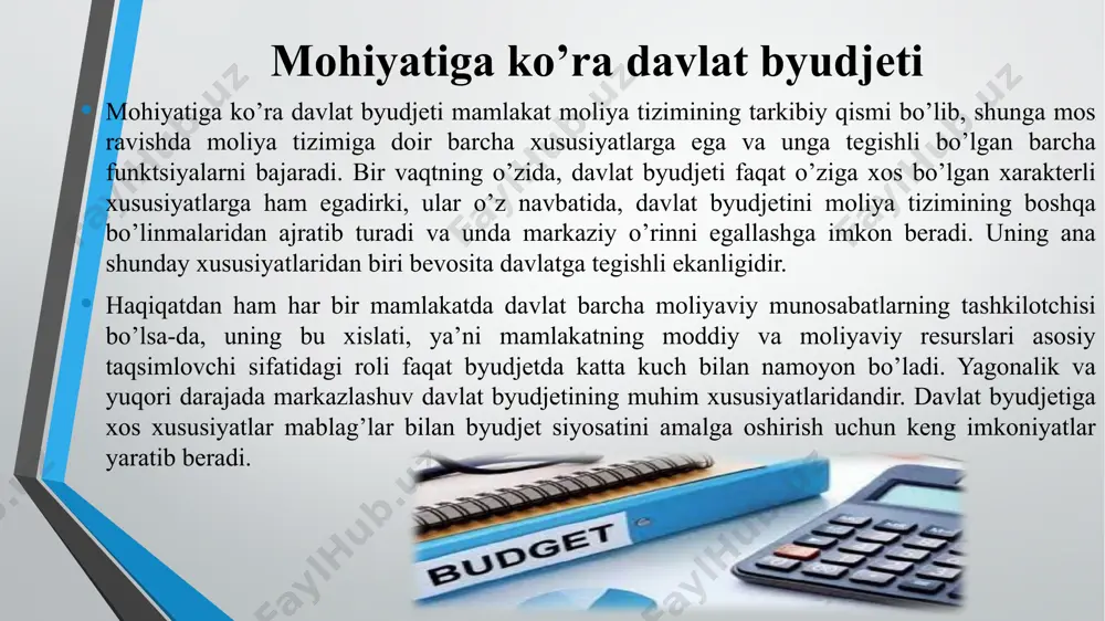 ar ularni to’lovchilar o’rtasida teng taqsimlanmog’i lozim; — soliqlarni ishlab chiqaruvchilarning aylanma fondlari hajmiga ta’sir ko’rsatmasligi; — soliqlarning sof daromadga nisbatan hisoblanishi; — davlat uchun soliqlarning undirilishi iloji boricha arzonroq bo’lishi lozim; — soliqlarning undirilish jarayoni xususiy sektorni siqib chiqarmasligi kerak; — sub’ektlarning mustaqil faoliyat ko’rsatishiga sharoit yaratish davlat byudjetining daromadlari o’z manbalariga ko’ra quyidagi guruhlarga bo’linadi: soliqli daromadlar; soliqsiz daromadlar; tiklanmaydigan (qaytarilmaydigan) tarzda o’tkaziladigan pul mablag’lari. byudjetning soliqli daromadlari tarkibi mamlakat soliq qonunchiligiga muvofiq umumdavlat soliqlari va yig’imlari, mahalliy soliqlar va yig’imlar, bojxona bojlari, boj yig’imlari va boshqa boj to’lovlari, davlat boji, penya va jarimalardan iborat. soliqsiz daromadlar tarkibiga quyidagilar kiradi: davlat mulkidan foydalanish tufayli olingan daromadlar (soliqlar va yig’imlar to’g’risidagi qonunchilikka muvofiq to’langan soliq va yig’imlardan so’ng); e’tiboringiz uchun rahmat!!! image2.png image3.png image4.png image5.png image6.png image7.png /docprops/thumbnail.jpeg
