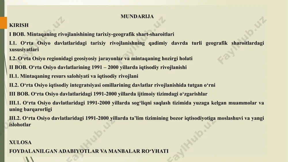 rivojlanishi, ayniqsa, 1991-2000 yillarda amalga oshirilgan islohotlar va ularning hududiy rivojlanishiga taʼsir qilgan omillar. tadqiqotda, oʼzbekiston, qozogʼiston, qirgʼiziston, tojikiston va turkmaniston kabi davlatlar oʼz mustaqilligini qoʼlga kiritganidan soʼng, ijtimoiy-iqtisodiy sohalarda yuz bergan oʼzgarishlar va bu oʼzgarishlarning aholi turmush tarziga qanday taʼsir koʼrsatganligi oʼrganiladi. 1991-2000 yillar davomida oʼrta osiyo mamlakatlaridagi iqtisodiy va ijtimoiy siyosat, shu jumladan, bozor iqtisodiyotiga oʼtish jarayoni, iqtisodiy islohotlar, ijtimoiy sohada amalga oshirilgan oʼzgarishlar, aholi hayoti va ijtimoiy taraqqiyot bilan bogʼliq muammolar va ularning echimlari. shuningdek, xalqaro aloqalar va iqtisodiy integratsiya jarayonlarining oʼrta osiyo davlatlarining rivojlanishiga taʼsiri ham tadqiqot predmetiga kiradi tadqiqotning maqsadi: oʼrta osiyo davlatlarining 1991-2000 yillardagi ijtimoiy-iqtisodiy rivojlanishini oʼrganish, islohotlar natijalarini tahlil qilish va kelajakdagi rivojlanish istiqbollarini aniqlash. tadqiqotning vazifalari: 1. 1991-2000 yillardagi iqtisodiy va ijtimoiy islohotlarni tahlil qilish. 2. mintaqadagi iqtisodiy va ijtimoiy muammolarni aniqlash. 3. xalqaro aloqalar va integratsiya jarayonlarini oʼrganish. 4. hududiy rivojlanish xususiyatlarini tahlil qilish. tadqiqotning ilmiy yangiligi oʼsha davrda oʼrta osiyo …