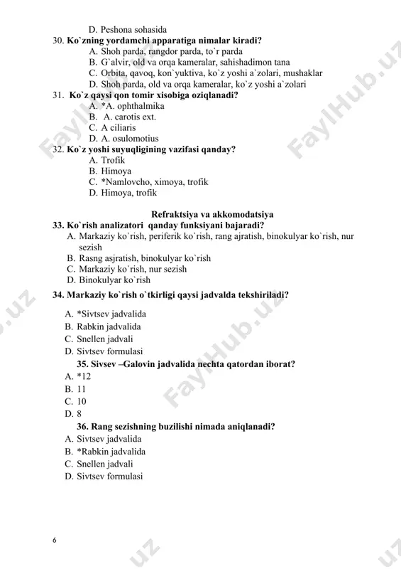 adigan insonlar? a. *trixomatlar b. anomallar c. anoplar d. normoxromat 65. rangni ko`rmaydiganlar? 1. trixomatlar 1. anomallar 1. *anoplar 1. normoxromat 66. ko`zning qorohg`iga adaptatsiyasini qanday apparat orqali tekshiriladi? a. perimetr b. filatov-kalfa tonometri c. *adaptometr d. tonometr 67. ragraksiya bu - : a. ko`rish b. yaxshi ko`rish uchun moslashish c. *nur sindirish d. akkomodatsiya 68. sog`lom ko`z necha dioptriya nur sindiradi? a. 20 dptr 1. 40 dptr 1. *60 dptr 1. 80 dptr 69. inson ko`zida necha xil refraksiya bo`lishi mumkin? a. 2 xil b. * 3 xil c. 4 xil d. 5 xil 70. yaqindan ko`rishning nomi ? a. normopiya b. *miopiya c. gipermetropiya d. emmetropiya 71. miopiyani korreksiyalashda ishlatiladi? a. + ko`zoynak b. * – ko`zoynak c. + linza d. - linza 72. miopiya bu – ? a. *uzoqdan ko`rish b. yaqindan ko`rish c. ko`zoynak bilan ko`rish d. 40 yosahdan keyin uzoqdan ko`rish 73. meybomiy bezchalar qayerda …