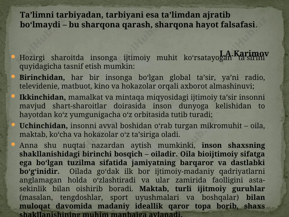 er davri bo‘lib kirib keldi. biroq, fan-texnika qanchalik jadal rivojlanib, jamiyat hayotida muhim joy olib, ishlab chiqarish jarayonlarini tezlashuviga qanchalik samarali ta’sir etmasin, tarbiya nazariyasida shaxsni komil etib tarbiyalash, bu borada markaziy osiyo mutafakkirlari, halq pedagogikasi hamda jahon pedagogikasining ilg‘or fikrlariga tayanib ish ko‘rish zarur bo‘ladi. yoshlarni barkamol inson qilib tarbiyalashda birinchi navbatda sharq mutafakkirlarining qimmatli ma’naviy meroslari muhim dasturil amal ahamiyatiga ega bo‘ladi. muhammad al-horazmiy, abu nasr farobiy, abu ali ibn sino, abu rayhon beruniy, ahmad al-farg‘oniy, imom ismoil al-buhoriy, ahmad yassaviy, bahovuddin nahshband, amir temur, muhammad tarag‘ay ulug‘bek, alisher navoy va zahiriddin muhammad bobur singari olamga mashhur allomalarining ijtimoiy, siyosiy va falsafiy qarashlari barcha zamonlar uchun muhim ahamiyat kasb etadi. o‘z o‘tmish madaniy merosini chuqur o‘rganmagan va e’zozlamagan, ajdod-avlodlari bosib o‘tgan tarixiy yo‘lni idrok etmagan, milliy mustaqillik yo‘lida jon fido qilgan buyuk ajdodlar faoliyatidan habardor bo‘lmagan inson o‘zligini hech hachon anglab etolmaydi. o‘tmish madaniy merosini o‘rganish murakkab jarayoni …