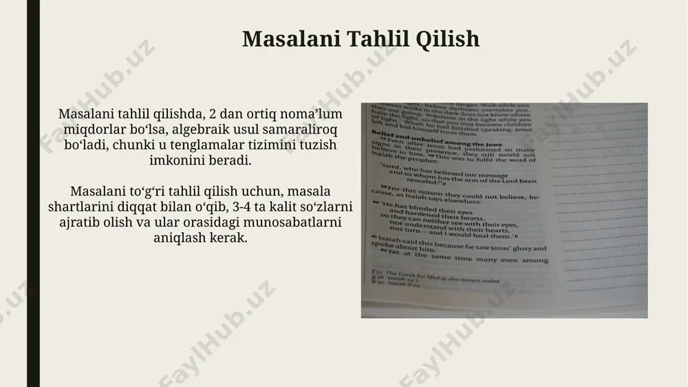 ik masalalarni yechishda, masalaning shartida berilgan sonlar orasidagi munosabatlarni aniqlash va natijani tekshirish muhim ahamiyatga ega, bu esa 5 dan katta bo'lmagan sonlar bilan amalni osonlashtiradi. harakat masalalari harakat masalalari, o'rtacha tezlikni hisoblashda, masofani vaqtga bo'lish orqali (v=s/t) yoki 2 ta nuqta orasidagi vaqt oralig'idagi o'rtacha tezlikni aniqlashda qo'llaniladigan formulaga tayanadi. masalalarni yechishda, vaqt (t), tezlik (v), masofa (s) va tezlanish (a) kabi 4 ta asosiy fizik kattaliklar o'rtasidagi bog'lanishlarni bilish muhim, bu kattaliklar o'rtasidagi munosabatlarni ifodalovchi formulalar qo'llaniladi. ish vaqt masalalari ba'zi ish vaqt masalalari, ish unumdorligini hisobga olgan holda, 1 kishi necha soatda bajara olishini aniqlashni talab qiladi va bu 1/x (x-ish vaqti) ko'rinishidagi kasrlar yordamida ifodalanadi. ish vaqt masalalarini yechishda proportsiya usuli ham qo'llaniladi, bu yerda 2 ta kattalikning nisbati orqali noma'lum kattalikni topish mumkin, masalan, 5 kishi 10 soatda bajaradigan ishni 2 kishi necha soatda bajaradi. proporsiya masalalari proporsiya masalalarini yechishda asosiy usul - proporsiya tenglamasini …