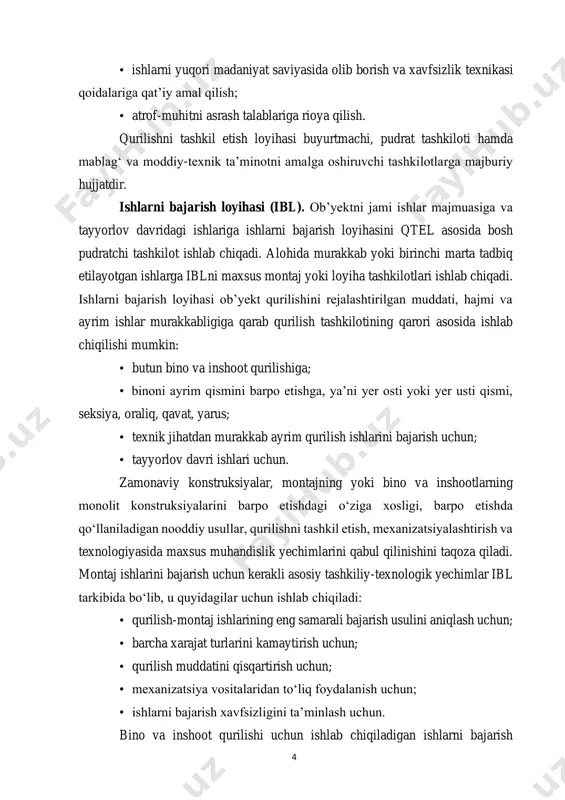 si buyurtmachi, pudrat tashkiloti hamda mablag‘ va moddiy-texnik ta’minotni amalga oshiruvchi tashkilotlarga majburiy hujjatdir. ishlarni bajarish loyihasi (ibl). ob’yektni jami ishlar majmuasiga va tayyorlov davridagi ishlariga ishlarni bajarish loyihasini qtel asosida bosh pudratchi tashkilot ishlab chiqadi. alohida murakkab yoki birinchi marta tadbiq etilayotgan ishlarga iblni maxsus montaj yoki loyiha tashkilotlari ishlab chiqadi. ishlarni bajarish loyihasi ob’yekt qurilishini rejalashtirilgan muddati, hajmi va ayrim ishlar murakkabligiga qarab qurilish tashkilotining qarori asosida ishlab chiqilishi mumkin: • butun bino va inshoot qurilishiga; • binoni ayrim qismini barpo etishga, ya’ni yer osti yoki yer usti qismi, seksiya, oraliq, qavat, yarus; • texnik jihatdan murakkab ayrim qurilish ishlarini bajarish uchun; • tayyorlov davri ishlari uchun. zamonaviy konstruksiyalar, montajning yoki bino va inshootlarning monolit konstruksiyalarini barpo etishdagi o‘ziga xosligi, barpo etishda qo‘llaniladigan nooddiy usullar, qurilishni tashkil etish, mexanizatsiyalashtirish va texnologiyasida maxsus muhandislik yechimlarini qabul qilinishini taqoza qiladi. montaj ishlarini bajarish uchun kerakli asosiy tashkiliy-texnologik yechimlar ibl tarkibida …