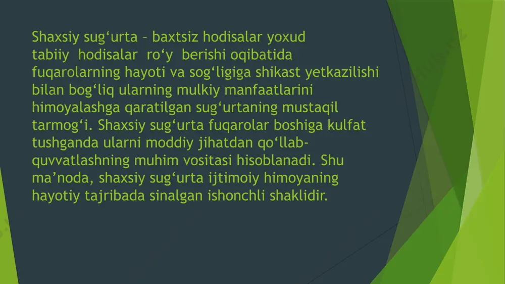 axsiy sug‘urta shartnomasi tuzishda sug‘urta qildiruvchi bilan sug‘urtalovchi o‘rtasida quyidagilar to‘g‘risida kelishuvga erishilishi lozim: - sug‘urtalangan shaxs hayotida yuz berishi ehtimol tutilib sug‘urta amalga oshirilayotgan voqea (sug‘urta hodisasi)ning xususiyati to‘g‘risida; - sug‘urtalangan shaxs to‘g‘risida; - sug‘urta puli miqdori to‘g‘risida; - shartnomaning amal qilish muddati to‘g‘risida. - sug‘urta mukofotining miqdori va uni to‘lash muddati (muddatlari) to‘g‘risida; sug‘urtalanuvchining hayoti, sog‘lig‘i, mehnat qobiliyati bilan bog‘liq mulkiy manfaatlari shaxsiy sug‘urtaning ob’ekti hisoblanadi. sug‘urtalovchi va sug‘urtalanuvchilar hamda sug‘urtalangan shaxslar shaxsiy sug‘urta sub’ektlaridir. shaxsiy sug‘urta, odatda, fuqarolarni quyidagi xavf-xatarlardan himoyalanishini nazarda tutadi: sug‘urtalanuvchining yoki sug‘urtalangan shaxsning vafot etishi; mehnat qobiliyatini vaqtinchalik yo‘qotishi; nafaqa yoshiga yetishi bilan fuqaroning faol mehnat faoliyatini tugashi. o‘zbekiston respublikasida shaxsiy sug‘urtani amalga oshirishning huquqiy asoslari fuqarolik kodeksining 921-moddasida aks ettirilgan. unga ko‘ra, shaxsiy sug‘urta shartnomasi bo‘yicha bir taraf (sug‘urtalovchi) boshqa taraf (sug‘urta qildiruvchi) to‘laydigan, shartnomada shartlashilgan haq (sug‘urta mukofoti) evaziga sug‘urta qildiruvchining o‘zining yoxud shartnomada ko‘rsatilgan boshqa fuqaro (sug‘urtalangan shaxs)ning hayoti yoki …