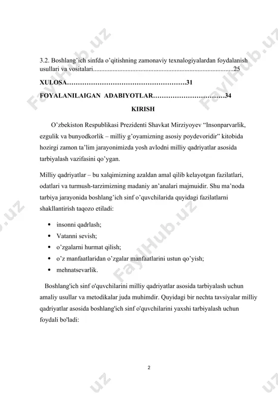 ing madaniy an’analari majmuidir. shu ma’noda tarbiya jarayonida boshlang’ich sinf o’quvchilarida quyidagi fazilatlarni shakllantirish taqozo etiladi: · insonni qadrlash; · vatanni sevish; · o’zgalarni hurmat qilish; · o’z manfaatlaridan o’zgalar manfaatlarini ustun qo’yish; · mehnatsevarlik. boshlang'ich sinf o'quvchilarini milliy qadriyatlar asosida tarbiyalash uchun amaliy usullar va metodikalar juda muhimdir. quyidagi bir nechta tavsiyalar milliy qadriyatlar asosida boshlang'ich sinf o'quvchilarini yaxshi tarbiyalash uchun foydali bo'ladi: 1. ‘’milliy qadriyatlar va tarix bilishni oshirish:’’ o'quvchilarga o'z milliy qadriyatlari, tarixi, adabiyoti va madaniyati haqida tushuncha berish uchun darslar tashkil etish. bu ularda milliy bayroqlar, milliy liboslarning tavsifi, milliy o'yinlar va madaniyatining asosiy ko'rinishlari kabi mavzularni o'z ichiga oladi. 2. ‘’tasviriy san'at asoslari bilan tanishish:’’ milliy rasmlar, nakshlar, palitralar yoki boshqa milliy san'at turlari orqali o'quvchilarga oila va mamlakatlarining milliy san'atining boy bo'lgan to'plami haqida tushuncha berish. bu orqali ular o'z adraslarini, rassomliklarini yoki boshqa san'atkorliklarini namoyish etish orqali o'z tarixi va madaniyati bilan yaqinroq …