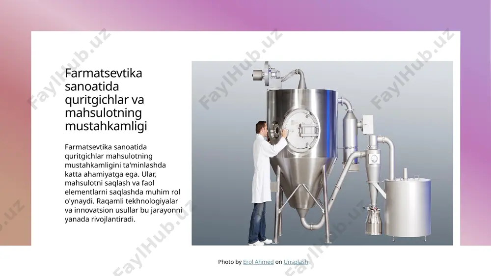 atida o'z o'ziga xos o'rniga ega. mahsulotni saqlash va iste'mol qulayligini oshiradi va sifatini saqlab qoladi. 3 aerosol tekshirish usullari aerosol tekshirish usullari farmatsevtika sanoatida mahsulot samaradorligini oshirishda muhim ahamiyatga ega. bu usullar mahsulotni tezroq va ishonchli tekshirish imkonini beradi. 4 mahsulot almashish texnologiyalari mahsulot almashish texnologiyalari farmatsevtika sanoatida mahsulotning o'zaro almashishini oshirishda muhim rol o'ynaydi. bu texnologiyalar mahsulotlarning qulay va samarali almashishini ta'minlaydi. quritgichlarning mahsulot barqarorligi bo'yicha roli quritgichlar mahsulotlar barqarorligiga katta ahamiyatga ega. ular, farmatsevtika sanoatida mahsulotlarni saqlash va doimiylikni oshirishda muhim rol o'ynaydi. quritgichlar, mahsulotlar tuzilishi va xossalari bilan bog'liqdir. photo by priscilla du preez 🇨🇦 on unsplash oʻzbekiston farmatsevtika sohasida quritgichlar va inobatlar 1 farmatsevtika sohasida quritgichlar - oʻzbekiston farmatsevtika sohasidagi quritgichlar, mahsulotlarni saqlash va barqarorlikni oshirishda katta roʻl oʻynaydi. 2 inobatlar - farmatsevtika sohasidagi inobatlar, yangi texnologiyalar va tadqiqotlar orqali mahsulotlar va texnologiyalar sohasini rivojlantirishga yordam beradi. 3 xalqaro hamkorlik - oʻzbekiston farmatsevtika sohasidagi quritgichlar …