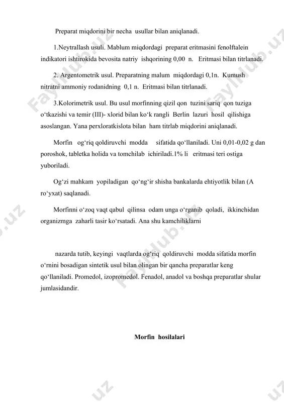 trat kislota tasirida och sariq rangga o‘tadigan to‘q sariq rang hosil qiladi. kodein temir (iii)-xlorid tabsirida o‘zgarmasligi bilan morfindan farq qiladi. kodein miqdorini neytrallash va kolorimetrik usullar bilan aniqlanadi. 1.neytrallash usuli. preparatdan malum miqdorda olib, neytrallangan spirtda asta-sekin isitish bilan eritiladi. so‘ngra eritmani metil qizil indikatori ishtirokida xlorid kislotaning 0,1 n. eritmasi bilan titrlanadi. 2.kolorimetrik usul. kodeindan malum miqdorda olib, xlorid kislota eritiladi. keyin eritmaga bromli suv tasir ettirilsa, sariq rang hosil bo‘ladi. so‘o‘ngra suyuqliqqa natriy sulfat eritmasidan sariq rang yo‘qolguncha qo‘shiladi. ana shu rangsiz eritmani 75-80 0s temperaturagacha isitib, ammiak eritmasidan qo‘shilsa, turg‘un binafsha- qizil rang hosil bo‘ladi. bu eritmani kolorimetr yordamida aniqlanadi. kodein o‘zining fiziologik tasiri jihatidan morfinga yaqin bo‘lib, fenol gidroksili “yopiq” bo‘lganligi sababli umumiy og‘riq qoldirish xossasi morfinga nisbatan 7-8 marta kuchsiz, lekin yo‘tal paydo qiladigan markazlarni tinchlantirishi kuchlidir. meditsinada asosan yo‘talga qarshi modda sifatida ko‘pincha boshqa dorilar bilan aralashtirilgan holda 0,01-0,02 g dan ichiriladi. kodeinning …