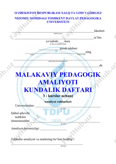 malakaviy pedagogik amaliyoti kundalik daftari — DOC
