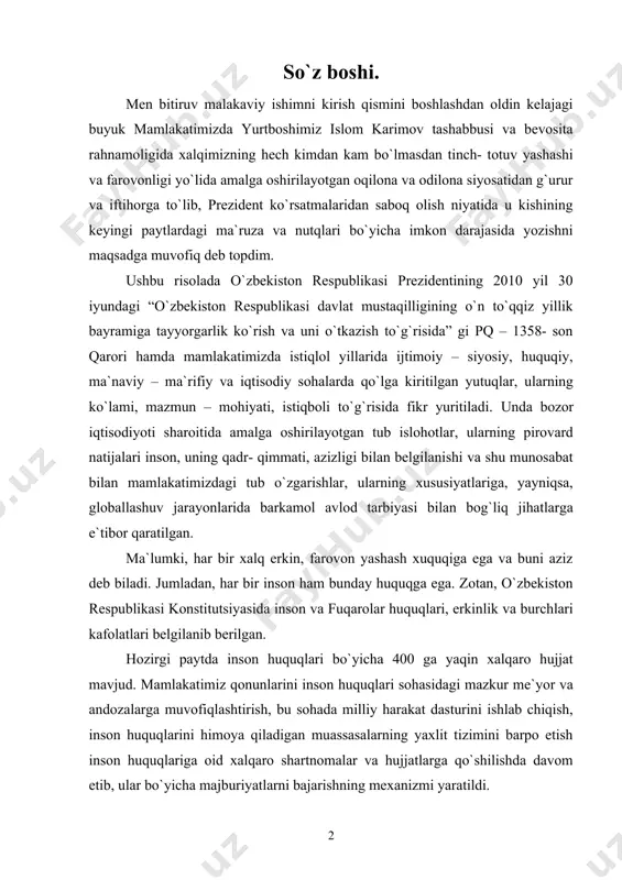 r, ularning xususiyatlariga, yayniqsa, globallashuv jarayonlarida barkamol avlod tarbiyasi bilan bog`liq jihatlarga e`tibor qaratilgan. ma`lumki, har bir xalq erkin, farovon yashash xuquqiga ega va buni aziz deb biladi. jumladan, har bir inson ham bunday huquqga ega. zotan, o`zbekiston respublikasi konstitutsiyasida inson va fuqarolar huquqlari, erkinlik va burchlari kafolatlari belgilanib berilgan. hozirgi paytda inson huquqlari bo`yicha 400 ga yaqin xalqaro hujjat mavjud. mamlakatimiz qonunlarini inson huquqlari sohasidagi mazkur me`yor va andozalarga muvofiqlashtirish, bu sohada milliy harakat dasturini ishlab chiqish, inson huquqlarini himoya qiladigan muassasalarning yaxlit tizimini barpo etish inson huquqlariga oid xalqaro shartnomalar va hujjatlarga qo`shilishda davom etib, ular bo`yicha majburiyatlarni bajarishning mexanizmi yaratildi. umuman olganda, islohotlar markazida insonning oliy qadriyat sifatida baholanishi mamlakatimiz strategik vazifalariga hamohangdir. xususan, bu boradagi barcha o`zgarishlarni mazmun - mohiyati ham inson va uning qadr- qimmatini ko`tarish bilan bog`liq. vatan va inson manfaati - oliy maqsad. o`zbekiston respublikasi prezidenti islom karimov: “bugun biz tarixiy davrda – …