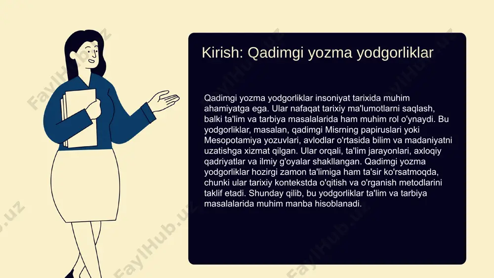 chilarning fikrlash qobiliyatini rivojlantirishga yordam bergan. ta'lim jarayonida yodgorliklarning roli alohida ahamiyatga ega. ular orqali tarixiy tajribalar o'rganiladi va zamonaviy ta'limda qo'llanilishi mumkin bo'lgan qadimgi usullarni o'zlashtirish mumkin. photo by nick karvounis on unsplash 1 2 3 yodgorliklarning ahamiyati qadimgi yozma yodgorliklar ta'lim va tarbiyada muhim o'rin egallaydi. ular orqali o'z zamonidagi tarbiyaviy qadriyatlar va bilimlar avloddan avlodga o'tib kelgan. yodgorliklar, nafaqat tarixiy ahamiyatga ega, balki ta'lim jarayonlarida asosiy manba sifatida xizmat qiladi. tarbiyadagi o'rni yodgorliklar ta'lim va tarbiyani birlashtiradi, bu esa ularning ta'limdagi o'rnini yanada muhimroq qiladi. masalan, qadimgi yodgorliklar ichida ta'lim metodlari va tarbiyaviy qadriyatlar o'z ifodasini topgan, shuningdek, ular orqali yosh avlodga to'g'ri yo'l ko'rsatiladi. yozma yodgorliklar: tarbiyaviy qadriyatlar tarbiyaviy qadriyatlar manbai sifatida yozma yodgorliklar, o'z ichida tarbiyaviy qadriyatlarni aks ettirgan muhim manba sifatida xizmat qiladi. bu yodgorliklar orqali avlodlar o'rtasida madaniyat va axloqiy qadriyatlar uzatiladi. tarbiyaviy qadriyatlar yozma yodgorliklarda, ko'pincha hikoyalar, maqolalar va dostonlar orqali ifodalangan. …