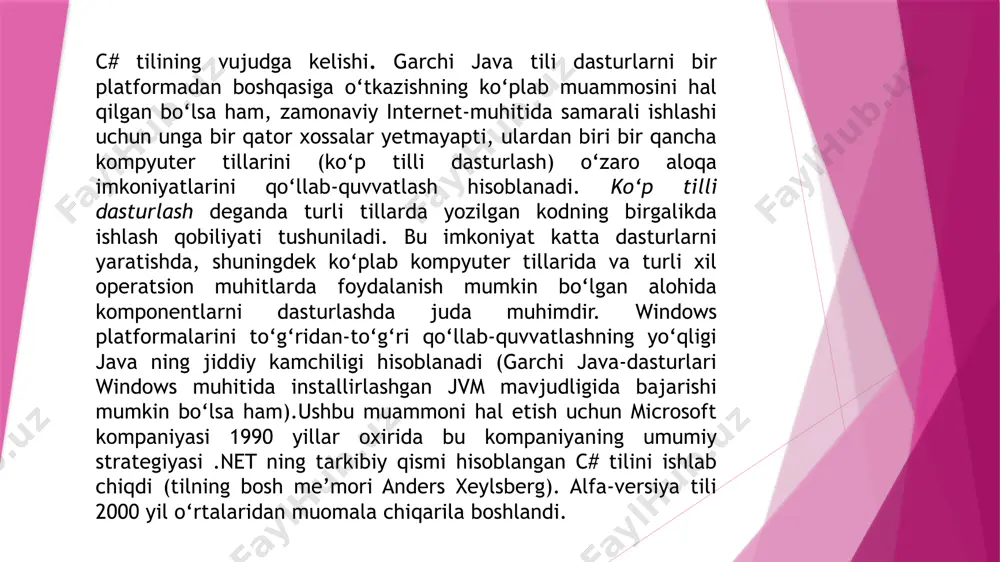 else if (myvalue == 30) console.writeline("myvalue teng 30 " ) ; else .... bunday murakkab shart tekshirilishi bo’lganda if operatoridan ko’ra, uning yangi versiyasi bo’lgan switch dan foydalanish afzal.switch operatori quyidagicha ishlaydi: switch (ifoda){ case : o’zgarmas ifoda : instruksiya o’tish ifodasi default : instruksiya} misoldan ko’rinib turibdiki, switchda ham tekshirilayotgan ifoda if … else dagi kabi, ( ) orasiga olingan va operatordan keyin yozilgan.case(tekshirish) va default (aks holda) bo’limlari qaysi amal bajarilishi zarurligini aniqlab beradi.case operatori albatta biror bir tenglashtirish uchun qiymat talab qiladi.{ switch ( myvalue ) case 10:console.writeline("myvalue teng 10") ; break;case 20: console.writeline("myvalue teng 20");break; case 30: console.writeline("myvalue teng 30");break;} switch operatorida default amalini yozish shart emas, chunki u berilgan qiymatning tanlangan birorta qiymatga mos kelmaganda bajariladigan amallarni o’z ichiga oladi. agarda berilgan qiymat birorta tanlangan qiymatga mos kelsa, helpprovider haqida ma’lumot .net ramkasi bizga yordam tizimini tizimimizga muammosiz qo'shish uchun helpsinf va helpproviderkomponent taklif qiladi …