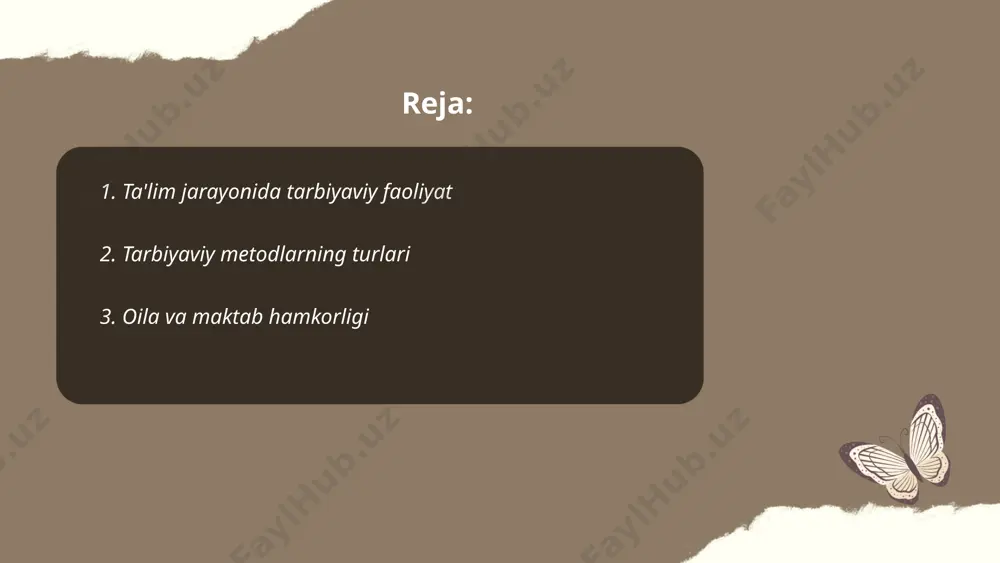 t 4. zamonaviy tarbiya metodlari zamonaviy tarbiya metodlari bolalarning har tomonlama rivojlanishini qo'llab-quvvatlashga qaratilgan. bu usullar orasida klasterli o'qitish, masofaviy ta'lim, interaktiv o'yinlar va raqamli texnologiyalarni qo'llash mavjud. xorijda o'quvchilarning kreativligini oshirish uchun 50% dan ortiq darslar amaliy shaklda o'tkaziladi. shu bilan birga, lingvistik va matematik qobiliyatlarni rivojlantirish uchun maxsus dasturlar joriy etilgan. o'zbekistonda "ta'lim to'g'risida"gi qonunning yangi tahriri ham zamonaviy usullarni o'z ichiga olgan. shu bilan birga, ota-onalar uchun 70% dan ortiq maktablarda trening dasturlari amalga oshirilmoqda. ... t.me/slaydai_bot axloqiy tarbiya usullari bolalarning axloqiy qarashlari va xulq-atvorini shakllantirishda qo'llaniladi. o'quvchilarni insonparvarlik, adolat va halollik kabi qadriyatlarga o'rgatish maqsadida turli amaliyotlar joriy etiladi. ko'rgazmali usullar orqali axloqiy fazilatlarni ko'rsatish, muhokama va bahs orqali tahlil qilish, hikoyalar orqali ta'sirchanlik berish asosiy usullardir. rol o'ynash texnikasi va guruhli muhokamalar bolalarga mustaqil fikrlash va xulqni yaxshilash imkonini beradi. ota-onalar bilan hamkorlikda ish olib borish orqali uydagi tarbiyani mustahkamlash ham zarur. ushbu usullar bolalarning …