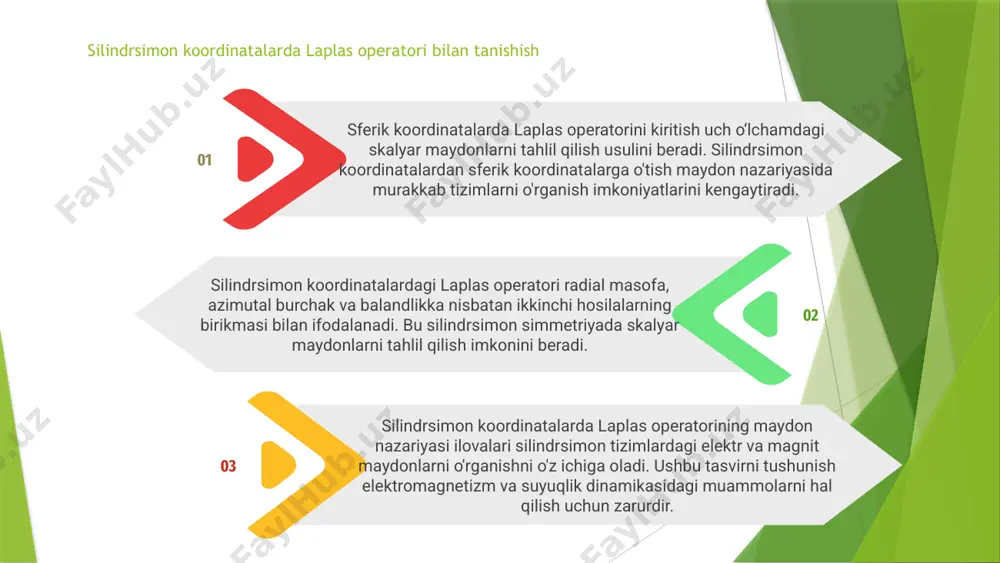 lardagi muammolarni tahlil qilish va hal qilishni osonlashtiradi. 01 silindrsimon koordinatalarda maydon nazariyasi ilovalari silindrsimon hajmdagi maydonlarning harakatini o'rganishni o'z ichiga oladi. ushbu yondashuv silindrsimon tizimlarda elektromagnit maydonlarni va suyuqlik dinamikasini tushunishda foydalidir. 03 silindrsimon koordinatalarda maydon nazariyasi tamoyillarini qo'llash orqali muhandislar va olimlar dizaynlarni optimallashtirishlari va silindrsimon simmetriyaga ega tizimlarning harakatlarini bashorat qilishlari mumkin. ushbu metodologiya muammolarni hal qilish imkoniyatlarini oshiradi va muhandislik jarayonlarining samaradorligini oshiradi. 02 sferik koordinatalarda laplas operatorini tahlil qilish silindrsimon koordinatalardagi laplas operatori radial, tangensial va eksenel yo'nalishlarga nisbatan ikkinchi hosilani o'z ichiga oladi. bu silindrsimon tizimlardagi maydonlarning harakatini tahlil qilishda yordam beradi. xuddi shunday, sferik koordinatalarda laplas operatori radial masofa, qutb burchak va azimutal burchakka nisbatan ikkinchi hosilani ko'rib chiqadi. bu sferik tizimlarda maydonlarning taqsimlanishini o'rganish imkonini beradi. laplas operatorini sferik koordinatalarda tahlil qilish uchun maydon nazariyasini qo'llash orqali uch o'lchovli fazodagi maydonlarning fazoviy o'zgarishlari va chegara shartlari haqida tushunchaga ega bo'lish mumkin. bu …