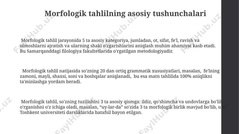 onidan aniqlangan. o'zbek tilida fe'l morfemalarini 5 ta asosiy toifaga bo'lish mumkin: zamon, shaxs, mayl, son va ravish. bu tasniflash 1960-yillarda toshkentda olib borilgan tadqiqotlarga asoslanadi. ot morfemalarini tasniflashda, "kitobxon" so'zining "-xon" qo'shimchasini egalik munosabatini bildiruvchi qo'shimcha sifatida tushunish mumkin, bunday tahlil samarqanddagi lingvistik tadqiqotlarda keng qo'llaniladi. affikslar va ularning turlari affikslarning 2 ta asosiy turi – qo‘shimchalar (masalan, -lar, -da, -dan) va qo‘shilmalar (masalan, o‘z-, -siz, -lik) bo‘lib, ularning tarqalishi turkiy tillar, jumladan, o'zbek tilida keng kuzatiladi. o‘zbek tilida fe'lning shaxs-son qo‘shimchalari (1-shaxs, 2-shaxs, 3-shaxs) singari 6 ta morfologik shakli mavjud bo'lib, ular gap tuzilishida muhim rol o'ynaydi. ba'zi qo‘shimchalar, masalan, -chi (masalan, o‘qituvchi) yoki -lik (masalan, odamlik), nafaqat grammatik, balki semantik ma'nolarni ham ifodalaydi va bu jarayon dunyo tillari orasida keng tarqalgan. morfologik xatolarni aniqlash va tuzatish ўзбек тилининг морфологик тузилишига асосланган 5 та асосий хато турини (келишик, рақам, шахс ва ҳоказо) аниқлаш учун алгоритмлар яратилган ва бу …