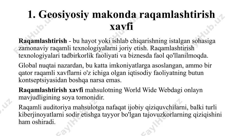 uzish fonida yuzaga kelishi mumkin bo'lgan istalmagan xarajatlarni bartaraf etish strategiyasining bir qator elementlarini amalga oshiradi. 2. xarajatlarni kamaytirish bu yerda himoyani tejash emas, balki dpr yordamida ko'p sonli turli vazifalarni avtomatlashtirish, lekin ayni paytda juda muhim vazifalarni, masalan, kiber tahdidlarni aniqlash va monitoringini o’tkazish zaruriyati kelib chiqadi. 3. tashkil etilayotgan tadbirlar samaradorligini oshirish bir qator dpr yechimlaridan foydalanganda xavflarni qidirishni avtomatlashtirish va zaif tomonlarni aniqlash mumkin bo'ladi, bu esa mavjud resurslarni tejash bilan birga korxonaning samarali xavfsizligini ta'minlaydi. 4. daromadning barqaror tushumi va tabiiy o'sishi raqamlashtirish xavfini nolga yaqin qiymatga qisqartirish orqali daromadlarni kamaytirmasdan va obro'ga putur yetkazmasdan korxona faoliyatini ishonchli tarzda rivojlantirish mumkin. 2. raqamli va an’anaviy kompaniyalarning birgalikda mavjud bo‘lishi mumkin bo‘lgan modellari global iqtisodiy tizimda ham, alohida bozorlar va korxonalar iqtisodiyotida ham yangi xususiyatlarni keltirib chiqaradigan texnologik o‘zgarishlar bilan bog‘liq. raqamli texnologiyalar biznesda inqilobga olib keldi. yangi raqamli iqtisodiyot an’anaviy iqtisodiyotdan tubdan farq qiladigan qoidalarga asoslanadi. …