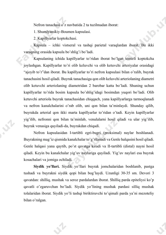 nchi bosqichda birlamchi siydikning tarkibidagi organizm uchun zarur bo’lgan moddalar qaytadan qonga so’riladi. 7-jadval. birlamchi va ikkilamchi siydikning tarkibi (%). modda nomi plazma birlamchi siydik ikkilamchi siydik nisbati mochevina 0,03 0,03 2,0 65 marta ko’p siydik kislota 0,004 0,004 0,05 12 marta ko’p glyukoza 0,01-0,15 0,11-0,15 - - kaliy 0,2 0,02 0,15 7 marta ko’p natriy 0,32 0,32 0,35 taxminan shuncha filtratsiya jarayoni kapillyarlardagi va kapsula bo’shlig’idagi bosimning farqiga ko’ra amalga oshadi. shuning uchun bu jarayonda energiya sarf bo’lmaydi. lekin ikkinchi bosqichda, kanal devori hujayralari moddalarni qayta qonga so’rishi uchun energiya sarf bo’ladi. kanalchalarning hujayralari birlamchi siydik tarkibidan zarur moddalarni so’rib olish bilan birga qondan ba’zi chiqindi mahsulotlarni ikkilamchi siydikka ekskretsiya qilishi mumkin. bundan tashqari yig’uv naylarining devorining hujayralari siydikning tarkibiga h+ ionlarini sekretsiya qilib, siydikning kislotali muhitini ta’minlaydi. buyraklar funksiyasining boshqarilishi. buyraklarda siydik hosil bo’lishi nerv va gumoral yo’l bilan boshqariladi. simpatik nerv sistemasi buyrak qon tomirlarini toraytirib, siydik …