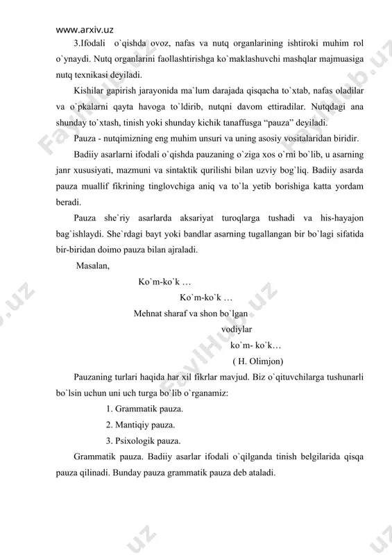 yillashi va na yurmonqoziqlarning hushtak chalishi eshtilardi. tillarang kurkinaklar, qaldirg`ochlar, chug`urchuqlar, tog` chumchuqlari hamma vaqt hasharot topiladigan yurtlarga allaqachonlar uchib ketgan. hamma yoq bo`m-bo`sh. 2. so`roq belgisida qilinadigan pauza: nega muncha go`zal ko`rinar olam? nega qarab to`ymas ko`zlarim? nega jo`sh uradi, ko`piradi qon? nega misday qizir yuzlarim? (uyg`un) - bu yerni kim obod qilgan? bu og`ir toshlarni kim olib kelgan?- dedi asqar ota va o`ziga-o`zi javob berdi. – kim olib kelardi?! bu yerga meni kim olib keldi? shunday odamlar ham bo`ladiki, tug`ilganida hech kim sevinmagan bo`lsa ham, o`lganida butun yurt aza tutadi. qizim, bahri, shundaqami? shundaqami, sobiraxon? 3.undov belgisida qilinadigan pauza: hoy ishchilar! ezilgan mehnatchilar! bitsin zolim boylar! erkingni qo`ldan berma, yasha, xizmatchilar! (hamza) nazira buvi! turing, to`xta buvinikiga chiqamiz. (а.qahhor) ovoz, nafas va nutq organlarining ifodali o`qish davomida, umuman, inson hayotida tutgan o`rni, o`quvchilarning nutqini o`stirish bo`yicha mashqlar to`g`risida ishtirokchilar bilan suhbat, bahs-munozara, tajriba almashish o`tkaziladi. 4. badiiy asarlarni …