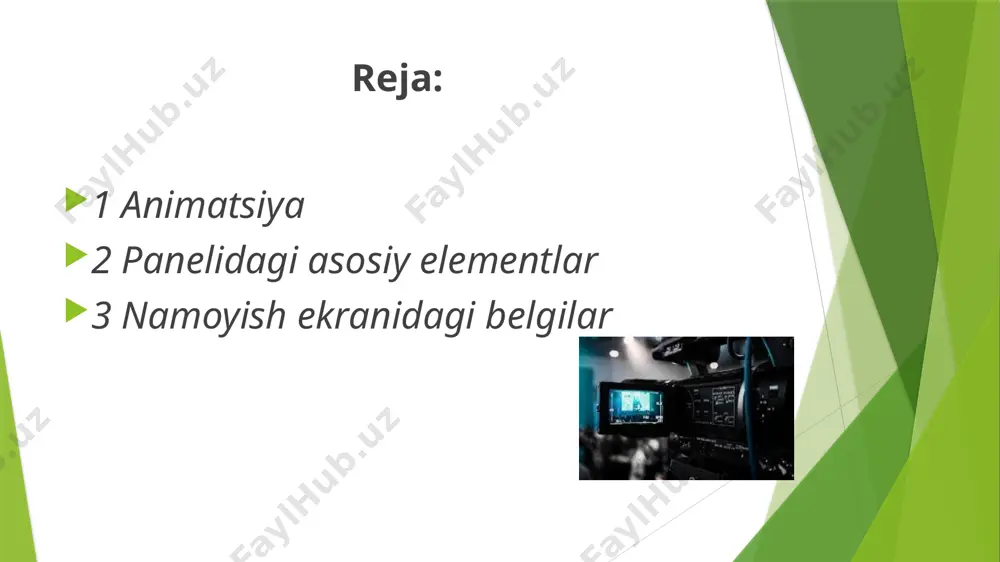 bo`lib, yo`qolish holati ta'minlanadi. lazerli effekt. slayddagi yozuvlarning uchish tezligini va turli tomonlardan uchib tushish parametrlarini o`zgartirish piktogrammasidir. yozuv mashinkasi animatsiyasi. bunda kiritilgan belgilar endi yozilayotgan yozuv mashinkasidagi kabi hosil bo`ladi. bunda yaratilgan slayddagi belgilar biror tugma bu piktogramma animatsiyalar parametrlarini otib tushirish effekti. bosilgungacha yashirinib turadi. animatsiyalarni sozlash. o`zgartirish uchun xizmat qiladi. eslatma: animatsion effektda ishlash uchun: — animatsion effekt qo`llanilishi kerak bo`lgan ob'yekt belgilanadi; tanlangan animatsion effekt tugmacha (piktogramma)si bosiladi. tamom image1.png image2.png image3.png image4.png image5.png image6.png image7.png