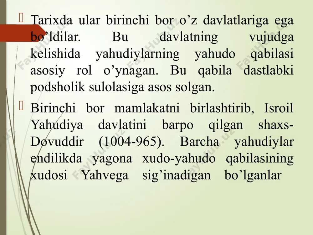 unga ko‘ra oxirzamonda yahve yahudiylar orasidan bir xaloskorni chiqaradi va u quyidagi vazifalarni bajaradi: 1) dunyoni qaytadan, isloh qilgan holda qurish; 2) butun yahudiylarni sinion (quddus yaqinidagi tepalik) atrofida to‘plash; 3) ularning barcha dushmanlarini jazolash. яҳудийлик(иудавийлик) мил.ав.2 минг йиллик ох.да фаластинда вужудга келган. жиддий ўзгаришларсиз қолган дин бошқа динларга кучли таъсири бор яҳудийлар исроилда 4.7 млн ақшда 6 млн. россияда 1.5 млн. францияда 0.6 млн. англияда 0.4 млн. яҳудий халқи номлари хода тавба қилганлар бану исроил исроил авлодлари еврей кечиб ўтганлар яҳудийлик тарихи фаластин даври ибодатхона даври 2- ибодатхона даври диаспора даври таълимоти таълимот 4 асоси яхвега имон келтириш яхудийларнинг энг мумтоз халқ эканлиги мессия келишига ишониш охират кунига ишониш muso tur tog‘ida yahve bilan uchrashganda unga 10 ta lavhani tushirdi. ularda ushbu din asosini tashkil qilgan 10 ta nasihat bor edi: мусога тур тоғида берилган 10 та насиҳат 1. яхведан бошқани илоҳ демаслик 2.бут, санам, расмларга сиғинмаслик 3.бекорга худо …
