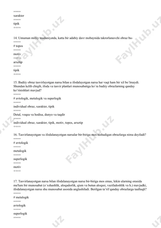 ng tasvirlanayotgan voqеa-hodisalarga munosabati nima deyiladi? ==== # subyеktiv ibtido ==== badiiy to’qima ==== ijod jarayoni ==== obyektiv ibtido ++++ 26. asarda tasvirlanayotgan hayot matеriali nima? ==== # tema ==== problema ==== g’oya ==== tendensiya ++++ 27. ijodkorni muayyan muammolar o`ylatadi, tashvishga soladi. ijodkor o`sha muammoni idrok etishga intilishi ichki ehtiyojga nima deyiladi? ==== # problema ==== g’oya ==== tendensiya ==== tema ++++ 28. tasvirlanayotgan voqеa-hodisalarga muallifning g`oyaviy-hissiy munosabati nima vositasida ifodalaniladi? ==== # obrazlar sistеmasi ==== syujetda ==== muallif mushohadalarida ==== muallif xarakteristikasida ++++ 29.tasvirlanayotgan voqеa-hodisalarga muallifning g`oyaviy-hissiy munosabati, problеmatikaning badiiy idrok etilishi va baholanishi nima dеyiladi? ==== #tendensiya ==== tema ==== problema ==== g’oya ++++ 30. mavzuni badiiy tadqiq uchun olingan hayot matеriali dеb olsak, u holda ayni shu matеrialni uyushtirish shakl unsurlaridan qaysi birining zimmasiga tushadi? ==== #syujetning ==== kompozitsiyaning ==== til birliklarining ==== g’oyaning ++++ 31. muallifni o`ylatgan problеma asar shakl unsurlaridan nimada o`z aksini topadi? …