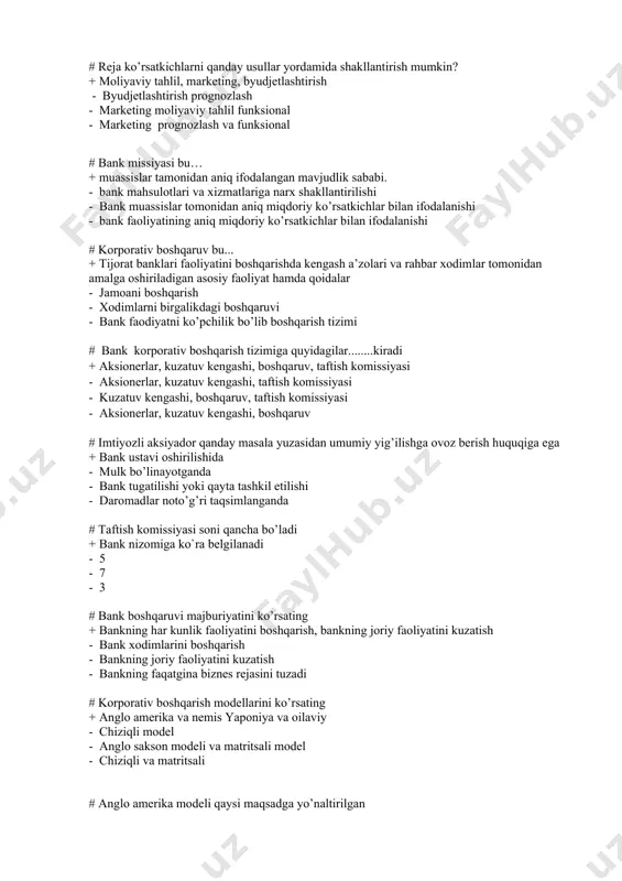 romad olishga - oila manfaatiga - riskni hisobga olib qisqa muddat ichida yuqori daromad olishga - ijtimoiy va o’zaro manfaatlarga # anglo amerika modeli afzalligini ko’rsating + investitsiyani yuqori daromadga qaratilganligi, aksiyador manfaatini yuqori qo’yilishi - aksiyador manfaatini yuqori qo’yilishi - axborot shaffofligi - investitsiyani yuqori daromadga qaratilganligi # markaziy bank to’g’risidagi qonun yangi tahrirda qachon qabul qilingan? + 2019 yil 11 noyabr - 2019 yil 5 noyabr - 1995 yil 21 mart - 1999 yil 27 dekabr # o’zbekiston respublikasida tijorat banklari tashkil etish uchun minimal ustav kapitaliga qo’yilgan talab? + 200 mlrd so’m - 100 mlrd so’m - 10 mln dollar - 50 mlrd so’m # .......– tijorat tashkiloti bo‘lib, bank faoliyati deb hisoblanadigan quyidagi faoliyat turlari majmuini amalga oshiradigan yuridik shaxsdir + bank - markaziy bank - lizing - kredit uyushmasi # bank xodimlari ma’muriy jihatdan qanday guruhga ajraladi + boshqaruvchi va boshqariluvchi xodimla - bank operatsiyasini …