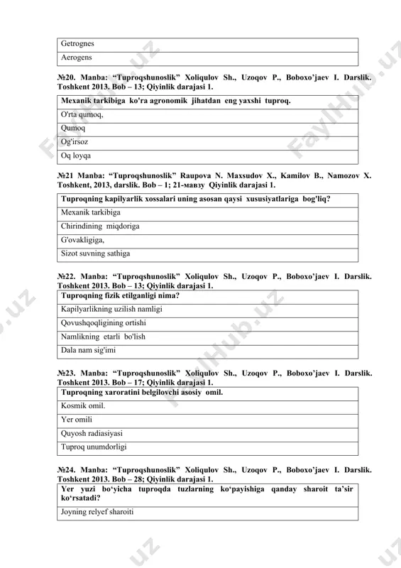 oklar №29. manba: “tuproqshunoslik” xoliqulov sh., uzoqov p., boboxo’jaev i. darslik. toshkent 2013. bob – 28;1 qiyinlik darajasi 2. sizot suv sathi yuqori joylashgan, yuzida tuz qatqalog‘i bo‘lib unda oqish tusdagi xlorid va sulfat ionlari sirtiga tepgan bo‘ladi, buni qanday sho‘rxoklar deyish mumkin? qatqaloqli sho‘rxoklar ho‘l sho‘rxoklar mayin sho‘rxoklar qora sho‘rxoklar 30. manba: “tuproqshunoslik” xoliqulov sh., uzoqov p., boboxo’jaev i. darslik. toshkent 2013. bob – 28; qiyinlik darajasi 2. ustki qatlami lo‘ppi massadan iborat bo‘lib yurganda oyoq bir oz botib ketadi, bu qanday sho‘rxoklar deb nomlanadi ? mayin sho‘rxoklar qora sho‘rxoklar ho‘l sho‘rxoklar qatqaloqli sho‘rxoklar №31. manba: “tuproqshunoslik” xoliqulov sh., uzoqov p., boboxo’jaev i. darslik. toshkent 2013. bob – 28; 1 qiyinlik darajasi 1. yomg‘ir yoqqandan so‘ng yoki sug‘orishdan keyin bunday yerlarda tuproqqa singib kirmaydigan qora suyuqlik ko‘lmalari hosil bo‘ladi, bu nima ? qora sho‘rxoklar hul sho‘rxoklar qoramtir sho‘rxoklar qatqaloqli sho‘rxoklar №32. manba: “tuproqshunoslik” xoliqulov sh., uzoqov p., boboxo’jaev i. …