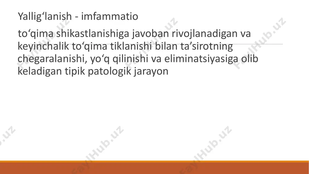 shlar yallig‘lanish reaksiyasi jarayonlariga ketma ket qo‘shilib boradigan arteriya qon aylanishining ekssudatsiya va proleferatsiya bilan buzilishidan iboratdir. alteratsiya alteratsiya – to‘qimaning shikastlanishi – zararli agentning to‘qimaga tekkan joyida eng kuchli bo‘ladi. to‘qimaning shikastlanishi zararli agentning to‘qimaga bevosita ta’sir etishidan vujudga kelishi mumkin. shikastlanishning boshlarida moddalar almashinuvi buziladi, u hujayra funksiyasining buzilishi bilan chegaralanishi mumkin yoki ularda distrofik o‘zgarishlarga va nekrozga olib keladi. shikastlanishning boshlarida moddalar almashinuvi buziladi, u hujayra funksiyasining buzilishi bilan chegaralanishi mumkin yoki ularda distrofik o‘zgarishlarga va nekrozga olib keladi. moddalar almashinuvining buzilishi yallig‘lanish o‘chog‘ining markaziy qismida moddalar almashinuvining kamayishi va pereferiya bo‘ylab moddalar almashinuv jarayonlarining keskin kuchayishi bilan namoyon bo‘ladi. moddalar almashinuvining buzilishi osmotik bosimning oshishiga, oqsillarning parchalanishi esa onkotik bosimning ko‘tarilishiga olib keladi. bu ikkala faktor suyuqlikning tutilib qolishi, uning yallig‘lanish o‘chog‘iga oqib kelishiga imkon beradi va yallig‘lanishning keyingi fazasi – ekssudatsiyaning asosida yotadi. shunday qilib, alteratsiya faqat ekssudatsiya uchun emas, balki proliferatsiya uchun ham zamin …