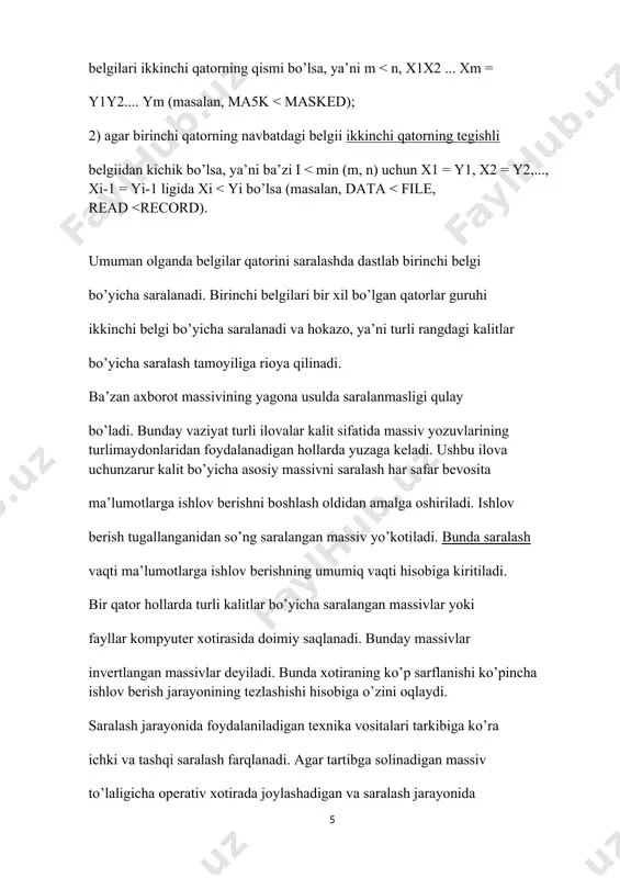 natija bersin, ya’ni uni shunday tanlaylikki, iloji boricha kelgusi jarayonlarda ishtirok etuvchi elementlar soni kam bo’lsin. agar biz o’rtacha elementni, ya’ni massiv o’rtasini tanlasak yechim mukammal bo’ladi. misol uchun butun sonlardan iborat, o’sish bo’yicha tartiblangan massivdan ikkilik qidiruv usuli yordamida key kalitga mos elementni izlash dasturini ko’rib chiqamiz. dastur kodi: #include iostream using namespace std; int main(){ int n;cout >n; int k[n]; for(int i=0;i>k[i]; int key, search; cout >key; int low = 0; int hi = n-1; int j=0; while (low " system("pause"); exit(0); } if (key topilmadi\n"; system("pause"); } dastur natijasi n=6 1 2 3 4 5 6 qidirilayotgan elementni kiriting=6 qidirilayotgan element 6 o'rinda turibdi va u 3 ta solishtirishda toplidi qidiruv jadvalini qayta tartibga keltirish umuman olganda, jadvalda har bir elementni qidirish ehtimolligini qandaydir bir qiymat bilan izohlash mumkin. faraz qilaylik jadvalda qidirilayotgan element mavjud. u holda qidiruv amalga oshirilayotgan jadvalni diskret holatga ega tizim sifatida qarash …
