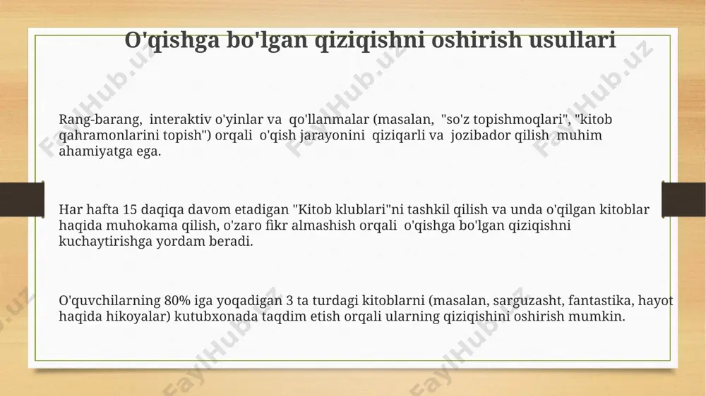 h bolalarning o'qishga qiziqishini oshiradi. texnologiyalardan foydalanish onlayn kutubxonalar va elektron kitoblar yordamida o'quvchilar 500 dan ortiq turdagi adabiyotlarga bepul kirish imkoniyatiga ega bo'lib, ularning o'qish qiziqishlarini kengaytiradi va mustaqil o'qish ko'nikmalarini rivojlantiradi. interaktiv o'yinlar va dasturlar orqali o'quvchilarning lug'at boyligi 20% ga o'sishi, o'qish tezligi va tushunish darajasi esa 15% ga yaxshilanishi kuzatilgan. o'qishni kuchaytirish uchun mo'ljallangan 3-5 yoshli bolalar uchun audiokitoblar va animatsion videolar o'qishga bo'lgan qiziqishni oshiradi va fonetik ko'nikmalarni shakllantirishga yordam beradi. so'z boyligini oshirish va lug'at bilan ishlash so'z boyligini oshirishda, har kuni kamida 10 ta yangi so'z o'rganish va ularni turli kontekstlarda qo'llash orqali faol lug'atni boyitish samarali usul hisoblanadi. lug'at bilan ishlashda, sinonim, antonim va polisemiya kabi leksik kategoriyalarni tushunish va ularni amalda qo'llash so'zlarning ma'nosini chuqurroq anglashga yordam beradi. 5-7 yoshli bolalar uchun mo'ljallangan rasmlarli lug'atlar yoki interaktiv o'yinlar orqali so'z boyligini rivojlantirish, ularning o'qishga bo'lgan qiziqishini oshiradi va o'rganish jarayonini osonlashtiradi. …