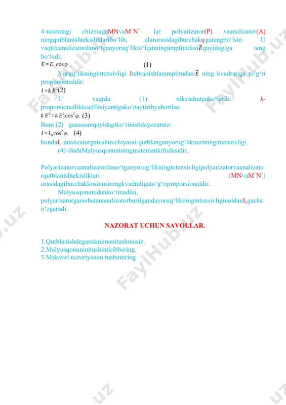yorug’likning qutblanish hodisasini (malyus qonuni) o’rganish - Page 3