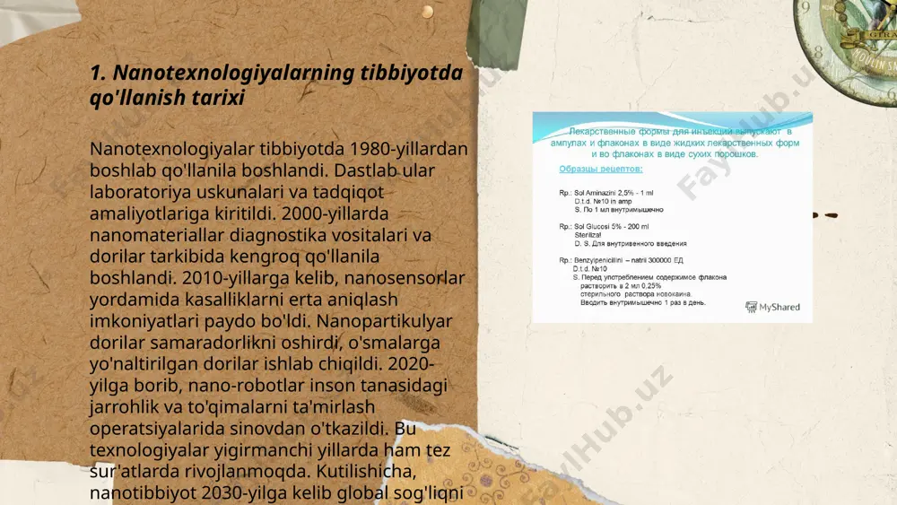 rgi kunda tibbiyot sohasida katta o'zgarishlar yasamoqda. ular inson tanasiga kiritilgan holda aniqlik bilan jarrohlik amaliyotlarini bajarishga imkon beradi. bu texnologiya orqali o'sma hujayralarini aniqlash va yo'q qilish, qon tomirlarini tozalash kabi noan'anaviy muolajalarni amalga oshirish mumkin. nanorobotlar millimetrning milliondan bir ulushida bo'lib, eng tor joylarga kirish qobiliyatiga ega. juda kichik operatsiyalardan tortib murakkab jarrohlik ishlariga qadar ulardan foydalanish imkoniyati mavjud. prognozlar ko'ra, yaqin yillarda nanorobotlar tibbiyotda keng qo'llanilishi kutilmoqda, bu esa jarrohlik amaliyotlarining xavfsizligini va samaradorligini oshirishi mumkin. ... t.me/slaydai_bot nanozarrachalar yordamida gen terapiyasi zamonaviy biotexnologiyaning muhim yutug'idir. nanozarrachalar gen terapiyasida genlarni maqsadli hujayralarga yetkazishda transport vositasi sifatida ishlatiladi. ular 1-100 nanometr oralig'ida bo'lib, hujayra membranalari orqali oson o'tadi. nanozarrachalar yordamida genlarni aniq joyga yetkazish, yanada samaraliroq va xavfsizroq dori yetkazilishini ta'minlaydi. klinikaning dastlabki bosqichlarida nanozarrachalar kasalliklar, masalan, saraton va irsiy kasalliklarni davolashda qo'llaniladi. yevropa va aqshda bir necha klinik sinovlar o'tkazilmoqda. nanozarrachalar yordamida gen terapiyasi kasalliklarni davolashda katta …