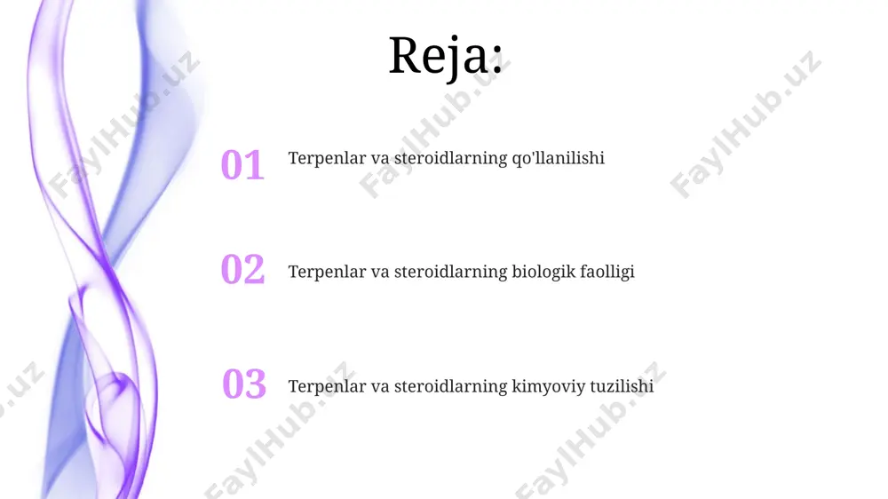 iy marker hisoblanadi. ularning miqdori 50-150 mkg/sutka oralig'ida bo'lishi normal hisoblanadi. steroidlarning 3 ta asosiy guruhi mavjud: glikokortikoidlar (masalan, kortizol), mineralokortikoidlar (masalan, aldosteron) va jinsiy steroidlar (androgener va estrogenlar), ularning har biri organizmda 100 dan ortiq turli biologik funksiyalarni bajaradi. terpenlar va steroidlarning biosintezi terpen va steroidlar biosintezida ishtirok etadigan fermentlarning ko'pchiligi, masalan, sitoxrom p450 fermentlari, endoplazmatik retikulumda joylashgan bo'lib, hujayra ichidagi 3d tuzilmalariga bog'liq holda faoliyat ko'rsatadi. terpenlarning biosintezi isopentenil pirofosfat (ipp) va dimetilallil pirofosfat (dmapp) kabi 5-uglerodli birliklardan, masalan, mevalarda va o'simliklarda joylashgan mevalonat yo'li orqali amalga oshiriladi. terpenlarning kimyoviy tuzuvlishi monoterpenlar (c₁₀h₁₆) kabi oddiy terpenlar 2 ta izopren birligidan iborat bo'lib, hindiston va janubiy osiyo o'simliklarida keng tarqalgan. seskviterpenlar (c₁₅h₂₄) esa 3 ta izopren birligidan tuzilgan bo'lib, ularning ba'zilari evropa va shimoliy amerika o'simliklarida uchraydi va kuchli xushbo'y hidga ega. terpenlar va steroidlarning ta'rifi steroidlar, 4 ta halqali uglerod skeletini oʻz ichiga olgan murakkab lipidlardir, ular organizmda …