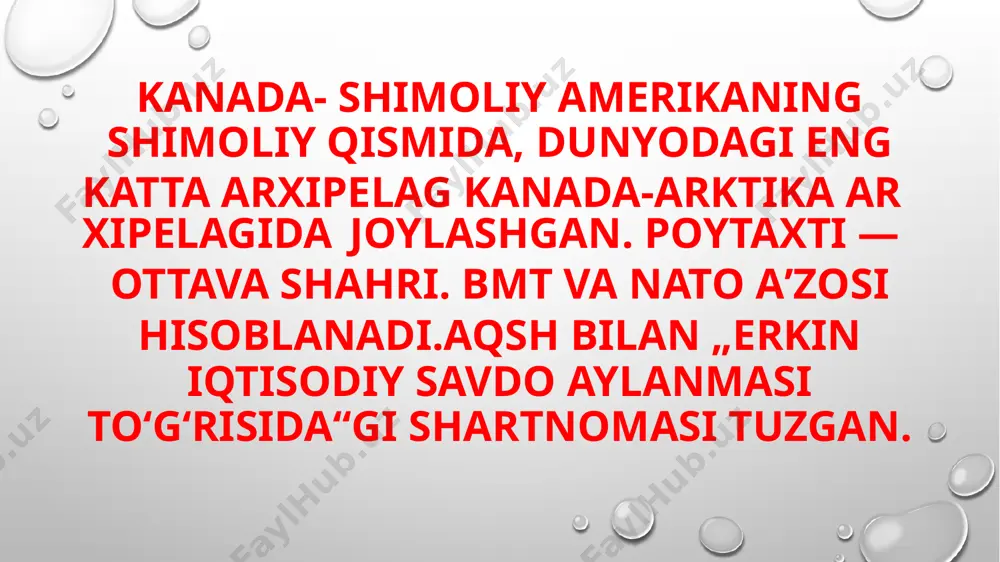 shimolda —30°, —35°, janubda —18°, —20°, iyulniki shimolda 4—7° va janubda 16—18°. gʻarbiy sohilda yillik yogʻin 2500 mm dan ortiq, sharqiy sohilda 1250 mm gacha, markaziy rayonlarda 400-250 mm, shimolda esa 150 mm dan kam. kanadada daryo koʻp, asosan, qor-yomgʻir suvlaridan hosil boʻladi. san-lavrentiy (buyuk koʻllari bilan), finli—pisriver—qullar—makenzi (kichik qullar, atabaska, katta qullar va boshqa koʻllar bilan), bou—saskachevan—nelson (bou, sidar, vinnipeg va b. koʻllar bilan) daryo-koʻl tizimlari atlantika va shimoliy muz okeani havzasiga kiradi. 200 dan ortiq yirik koʻllari bor. kanadada shimol bugʻusi, mushkli buqa, oq ayiq, qutb tulkisi, lemming, qutb quyoni, kaklik, boyqush, los, bizon, jayra, qoplon, boʻri, qunduz va boshqa hayvonlar yashaydi. daryo va koʻllari baliqlarga boy. milliy bogʻlari: banf, vud-baffalo, gleysher, jasper, yoxo va boshqa, viloyat bogʻlari ham bor. aholisining 1/3 qismi ingliz-kanadaliklar (44 %) va fransuz-kanadaliklar (28 %). tub aholisi — indeyslar 533 ming va eskimoslar salkam 33 ming kishi qolgan. kanadada nemislar, ukrainlar, italyanlar, gollandlar, …