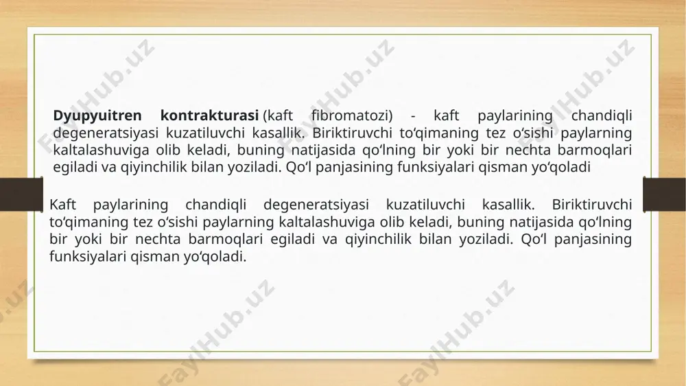 va bo‘g‘imlardagi harakatlarning chegaralanishini tekshiradi. laboratoriya tahlillari va qo‘shimcha instrumental tadqiqotlar odatda tashxis qo‘yish uchun talab qilinmaydi. davolash dyupyuitren kontrakturasini davolash uchun kasallikning bosqichiga qarab konservativ va jarrohlik usullari qo‘llaniladi.konservativ davolash: fiziologik muolajalar: tiklanishni tezlashtiradi. mashqlar: paylarni cho‘zish. yechiladigan langetlar: barmoqlarni yozilib ushlab turiladi. davolash blokadasi: gormonlar ("kenalog," "diprospan," "gidrokortizon") inyeksiyalari og‘riqni kamaytiradi, lekin kasallikni to‘liq bartaraf etmaydi. jarrohlik davolash: ko‘rsatma: odatda barmoqni 30° dan ortiq bukishda o‘tkaziladi. muolaja: mahalliy yoki umumiy og‘riqsizlantirish ostida chandiqli to‘qimalar kesiladi. jiddiy holatda ortodez yoki amputatsiya o‘tkazilishi mumkin. kesmalar: ko‘pincha ko‘ndalang yoki l/s shaklidagi kesmalar. kuchli bitishmalarda dermatoplastika qilish mumkin. operatsiyadan keyin: reabilitatsiya: qaytalanish xavfini kamaytirish uchun davolovchi gimnastika. nazorat: kasallik qayta rivojlanganda takroriy operatsiya o‘tkazilishi mumkin. xavf agar dyupyuitren kontrakturasini davolamasa, barmoq doimo bukilgan bo‘lib qoladi va qo‘l funksiyalari qisman yo‘qoladi. bu, ayniqsa, agar ishchi qo‘l shikastlangan bo‘lsa, juda muhimdir: o‘ng qo‘l o‘ng qo‘ldan, chap qo‘l esa chap qo‘ldan foydalana olmaydi. bu tugmalarni …