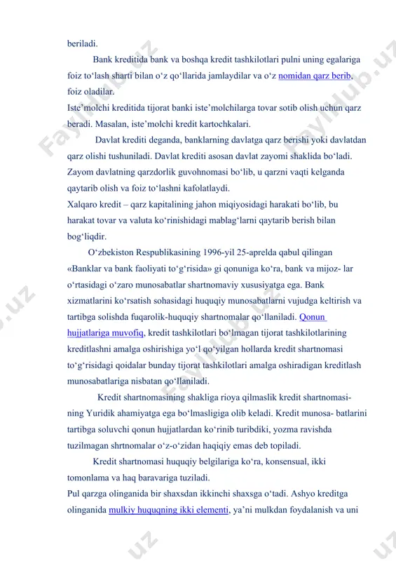 lganidan keyin u taraflar o‘rta- sida huquq va majburiyatlarni vujudga keltiradi. bunda shartnomaning bajarilmasligiga fk 746-moddasida belgilangan hollardagina yo‘l qo‘yila- di, ya’ni kreditor qarz oluvchini to‘lovga qobiliyatsiz deb hisoblasa, qarz oluvchi kreditni ta’minlash majburiyatlarini bajarmasa, shartnomada nazarda tutilgan kreditdan aniq maqsadda foydalanish majburiyatini buzsa, shuningdek, shartnomada nazarda tutilgan boshqa hollarda qarz oluvchi kredit shartnomasida nazarda tutilgan kreditni berishdan butunlay yoki qisman bosh tortishga haqli bo‘ladi. qarz oluvchi kredit olishdan butunlay yoki qisman bosh tortishga haqli. agar qonun hujjatlarida yoki shartnomada boshqacha tartib nazarda tutilgan bo‘lmasa, qarz oluvchi bu haqda kreditorni kredit shart nomasida belgilab qo‘yilgan kredit berish muddatiga qadar xabardor qilishi shart. qarz oluvchi kredit shartnomasida nazarda tutilgan kreditdan aniq maqsadda foydalanish majburiyatini buzgan taqdirda kreditor shartnoma bo‘yicha qarz oluvchini bundan buyon kreditlashni to‘xtatishga haqli. kredit shartnomasi yoki kreditning quyidagi asosiy vazifalarini aytish mumkin: 1.pulga tenglashtirilgan to‘lov vositalarini (chek, sertifikat, veksel) yuzaga chiqarib, ularni xo‘jalik muomalasiga jalb etadi; 2.bo‘sh turgan …