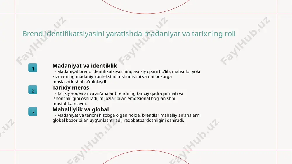 lar va analitika - big data, sun’iy intellekt va mijozlarning xatti-harakatlarini tahlil qilish orqali shaxsiylashtirilgan marketing va brend pozitsionlash imkoniyatlari kengayadi. mijozlar ongida brend imijining shakllanish jarayoni 1 ehtiyoj va xohishlar - mijozlar ongida brend imijining shakllanishi ularning ehtiyojlari, istaklari va xohishlariga mos keladigan mahsulot va xizmatlarni taqdim etish bilan boshlanadi, bu esa brendga bo‘lgan ishonchni oshiradi. 2 emotsional bog‘lanish - brend bilan emotsional bog‘lanish mijozlarning hissiyotlariga ta'sir qiladigan usullar orqali shakllanadi. bu, odatda, hikoyalar, logotiplar va reklama kampaniyalari bilan amalga oshiriladi. 3 ijtimoiy tasirlar - ijtimoiy va madaniy omillar, masalan, madaniyat, an'analar va jamiyatdagi trendlar, mijozlar ongida brend imijining rivojlanishiga katta ta'sir ko‘rsatadi. raqobatbardosh brendlar uchun mijozlar tasavvuri va uning rivojlanishi 1 mijozlar tasavvuri ning ahamiyati mijozlarning brendga bo‘lgan tasavvuri brendning muvaffaqiyati uchun asosiy omil hisoblanadi. kuchli tasavvur orqali mijozlar brendga sodiq qoladi va ijobiy fikrlar hosil qiladi. 2 rivojlanish jarayonlari mijozlar tasavvuri rivojlanishi doimiy ravishda o‘zgarib turadi, yangi …